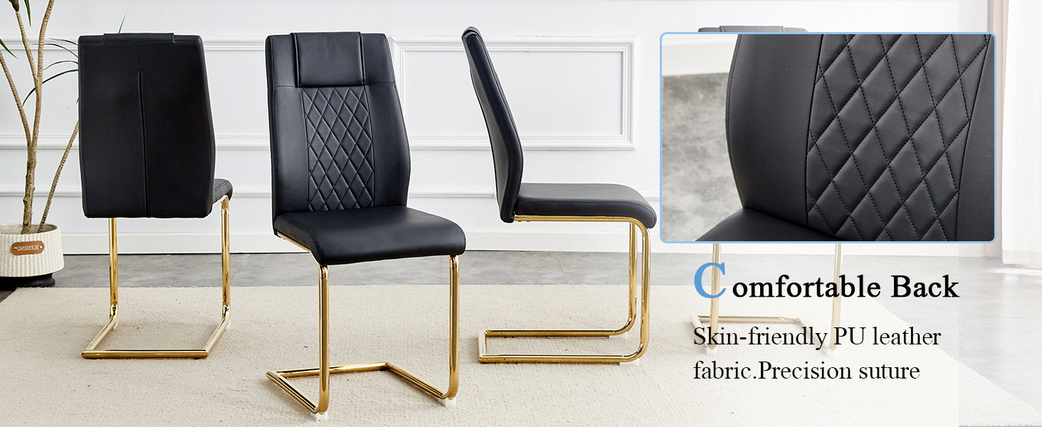 A Modern Minimalist Style Round Transparent Tempered Glass Table With Gold Metal Legs, Paired With 6 Modern Pu Leather High Back Dining Chairs ,Bring A Luxurious Experience. Black Seats 6 Glass Metal