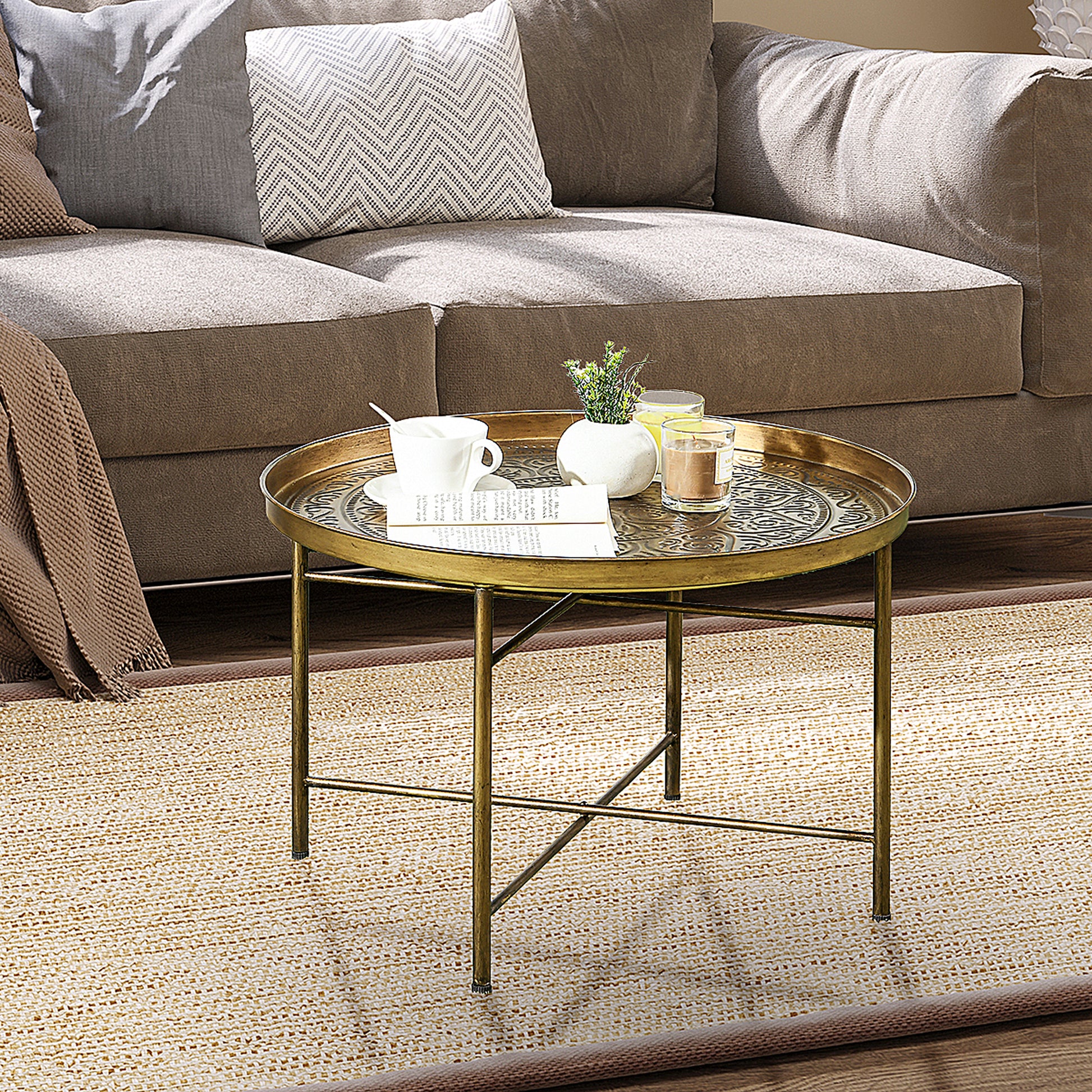 Homcom 24" Round Coffee Table With Hammered Tray Top, Vintage Metal Center Table For Living Room, Bedroom, Side Table, Gold Gold Metal