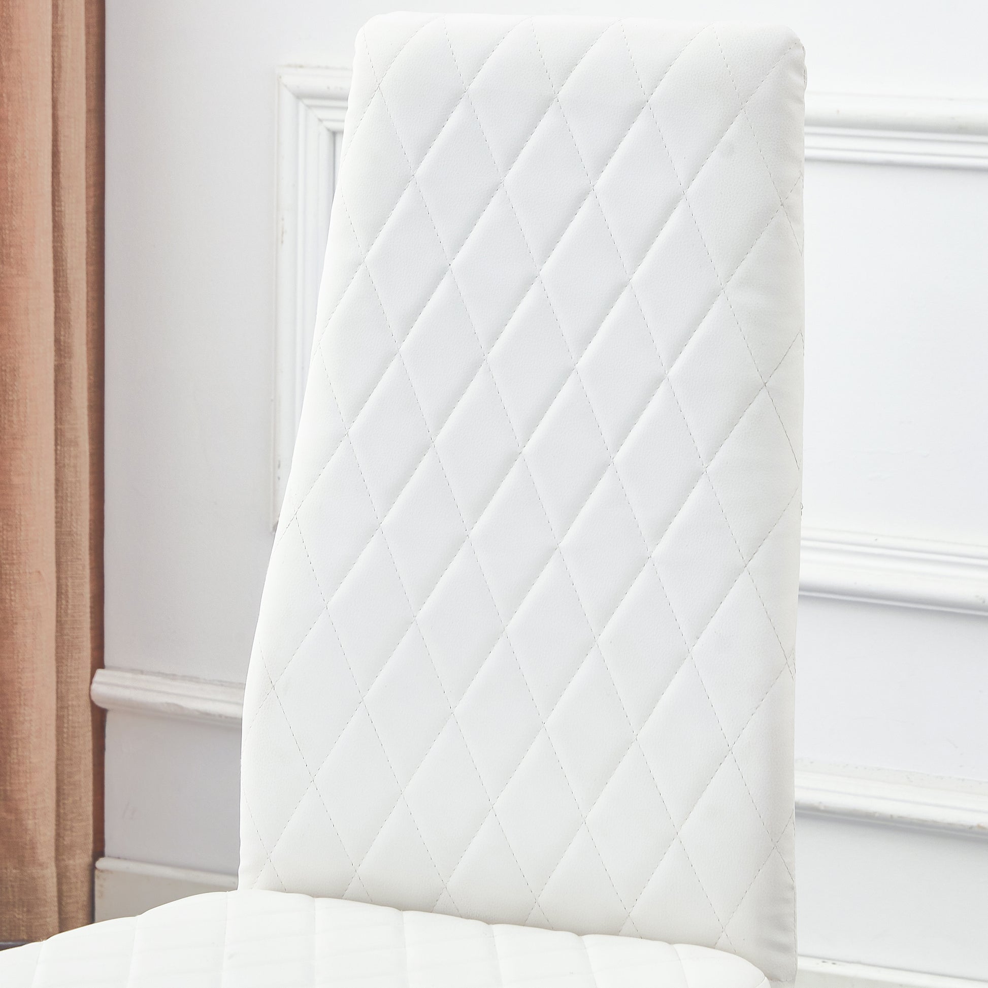 Table And Chair Set.Rectangular Dining Table With Tempered Glass Tabletop And Silver Plating Metal Legs.Paired With 6 Checkered Armless High Back White Chairs With Electroplated Metal Legs. White Seats 6 Glass Metal