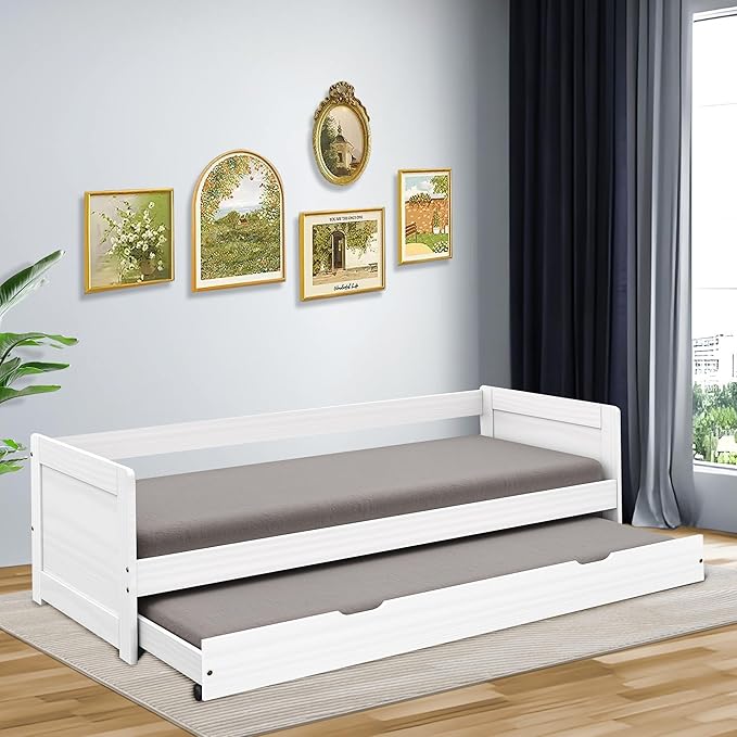 Twin Daybed With Trundle, Modern Wood Daybed With Armrest, Wood Daybed Frame For Boy, Girl, No Box Spring Needed, White Twin White Pine,Wood