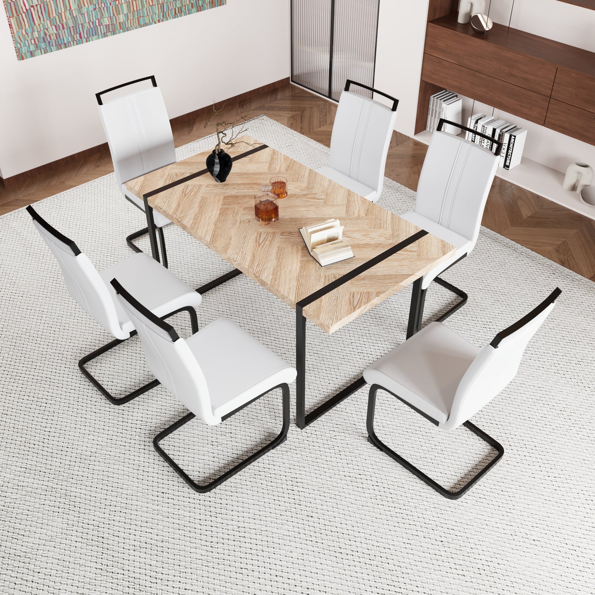 59 "Rural Industrial Rectangular Mdf Light Wood Dining Table Set And Pu Armless Dining Chair Set, 6 Piece. Kitchen Black Metal Table Leg Dining Chair Set White Natural Mdf