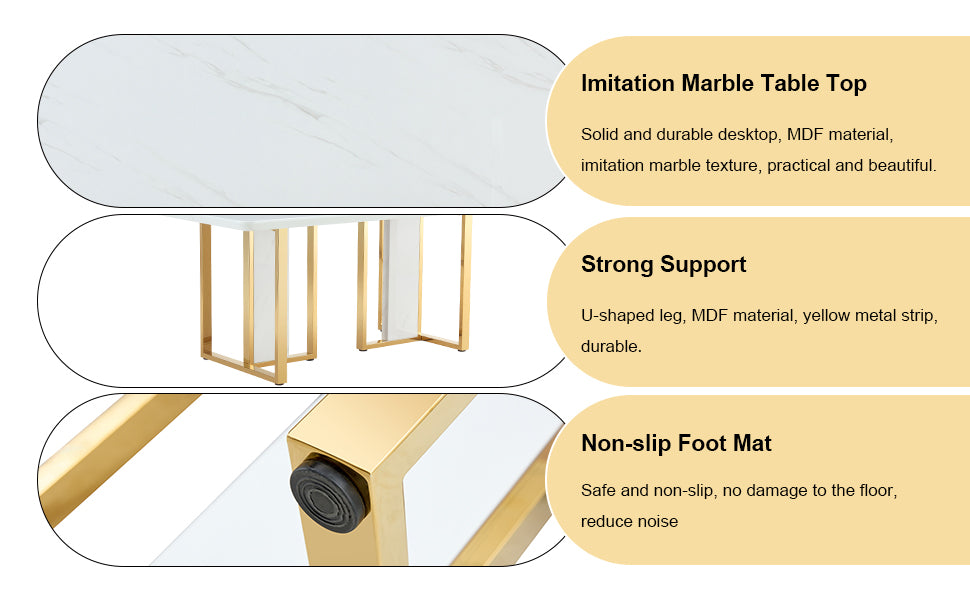 Table And Chair Set.67"X36" White Marble Pattern Mdf Dining Table Set With 8 Black Pu Chairs.Mdf Sticker,White Marble Pattern Sticker,Gold C Tube Chair Legs,Suitable For Kitchen,Dining Room,Etc.