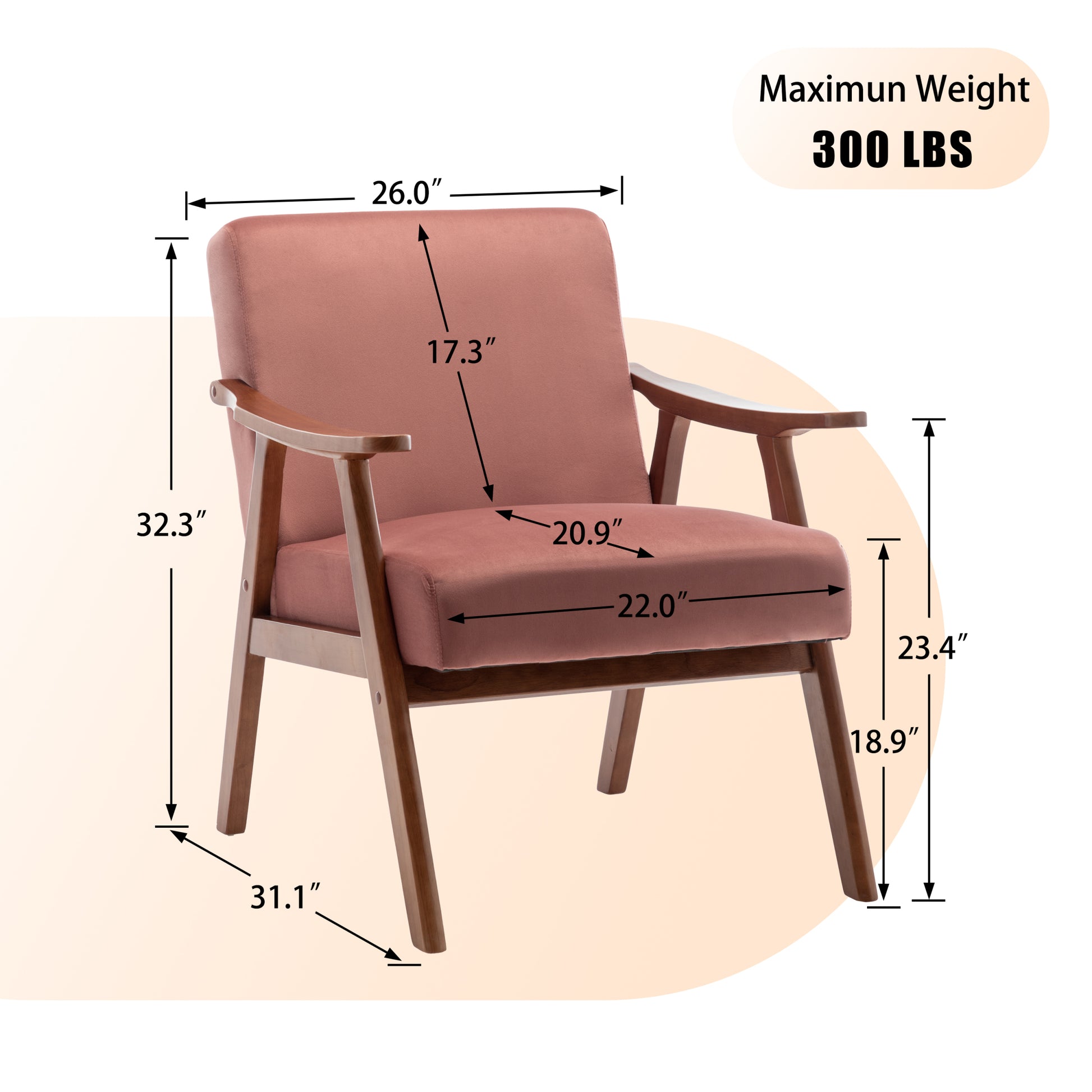 Mid Century Modern Chair, Living Room Chair With Solid Wood Frame, Accent Chair Extra Thick Backrest, Wingback Chair For Bedroom, Reading Room, Living Room, Lounge Chair Indoor Pink Primary Living Space Mid Century Modern Foam Velvet