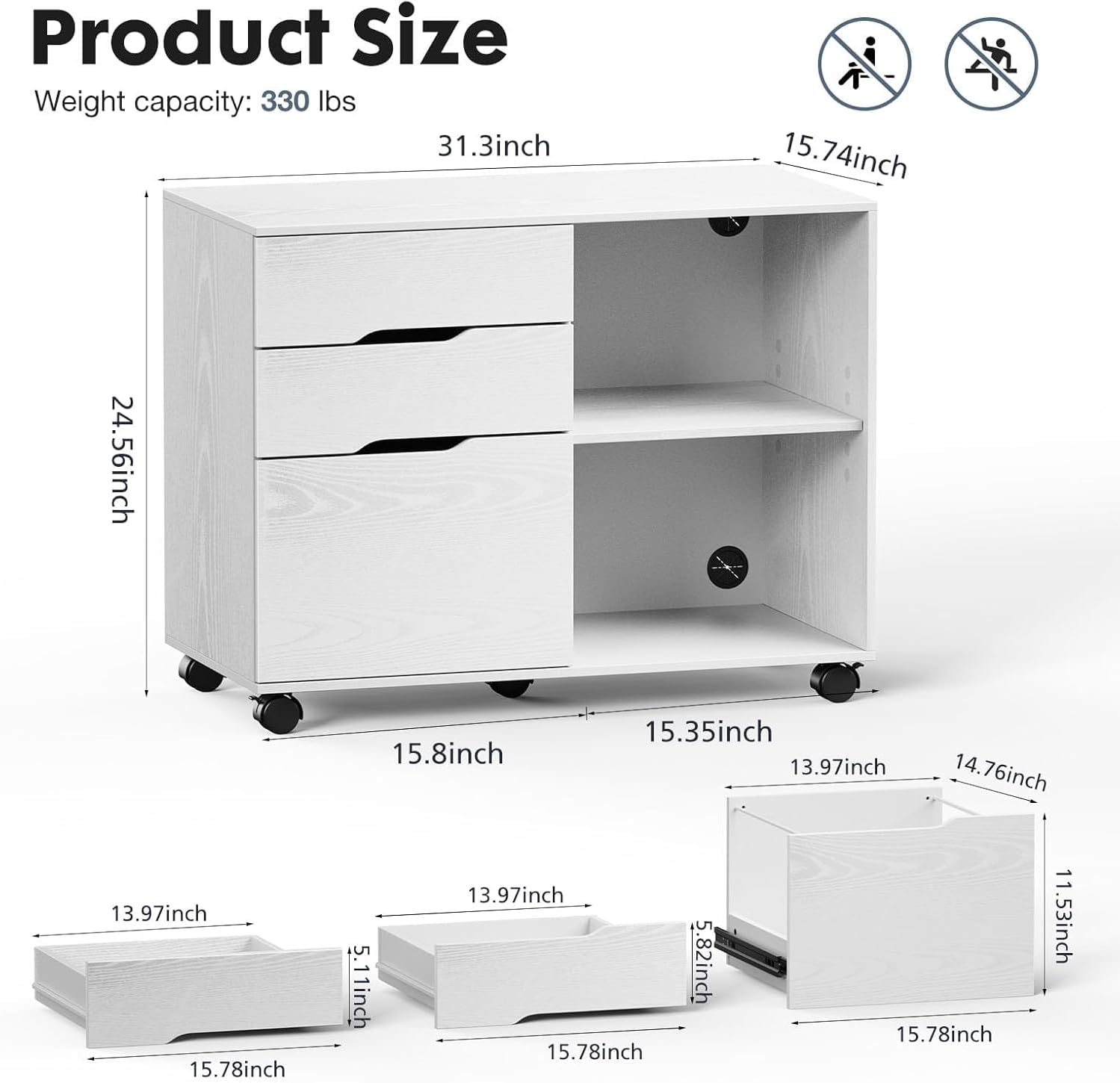 3 Drawer File Cabinet, Lateral Mobile Filing Cabinet Wood Storage Organizer With Wheels, Printer Stand & Open Shelves For Home Office Under Desk Organization White White Wood
