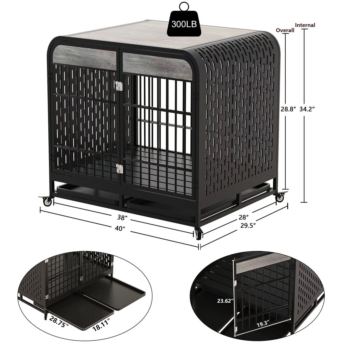 Heavy Duty Dog Crate Furniture Wooden Table Pet Dog Cage Kennel House Indoor Side End Table Decor With Removable Trays And Lockable Wheels For Medium And Large Dogs 40" Grey Grey Outdoor Kennel Medium 26 40 Lbs Mdf Steel