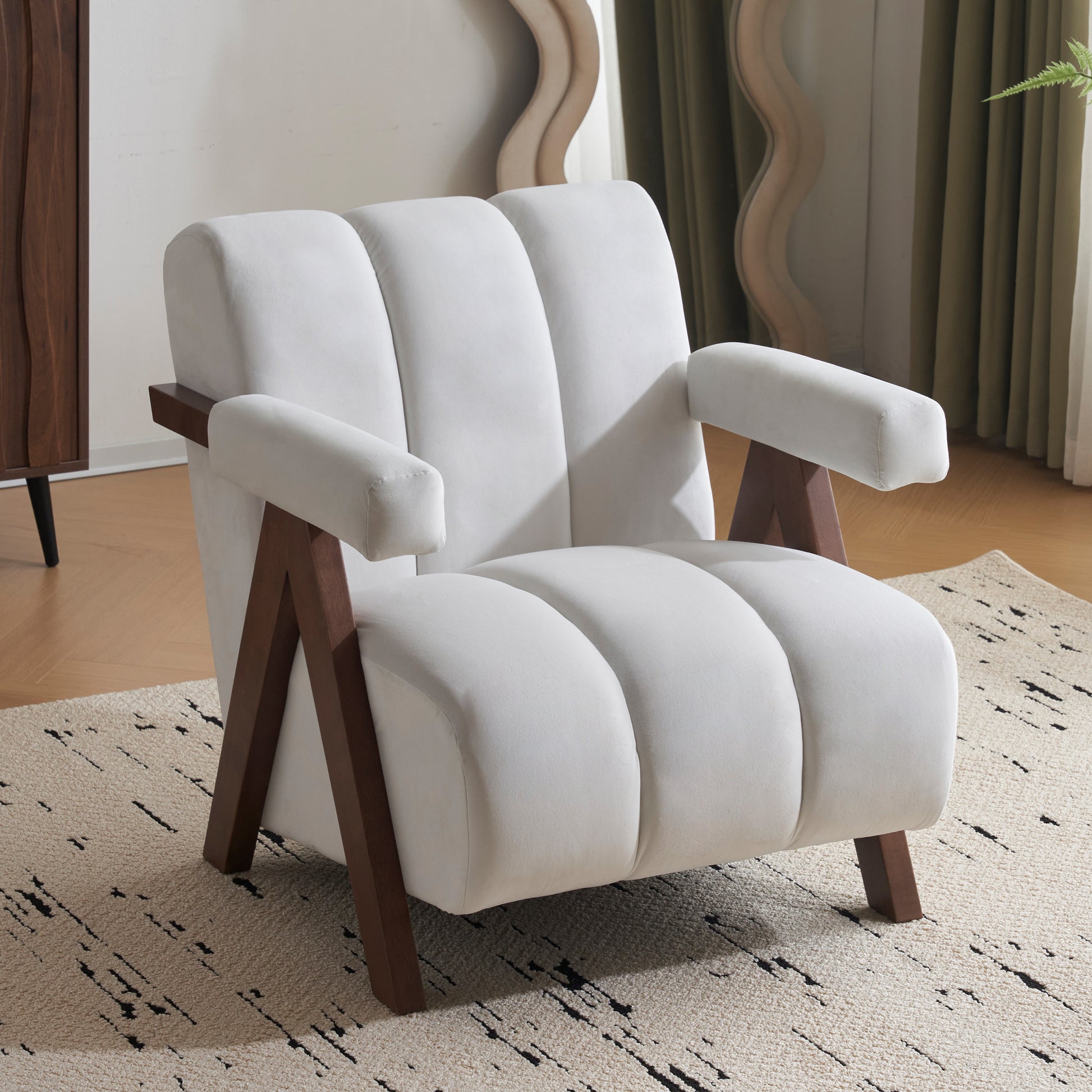 Mid Century Modern Accent Chair With Solid Wood Frame, Upholstered Living Room Chairs With Thick Cushion, Comfy Tufted Arm Chair For Bedroom, Living Room, Velvet, Ivory Ivory White Velvet