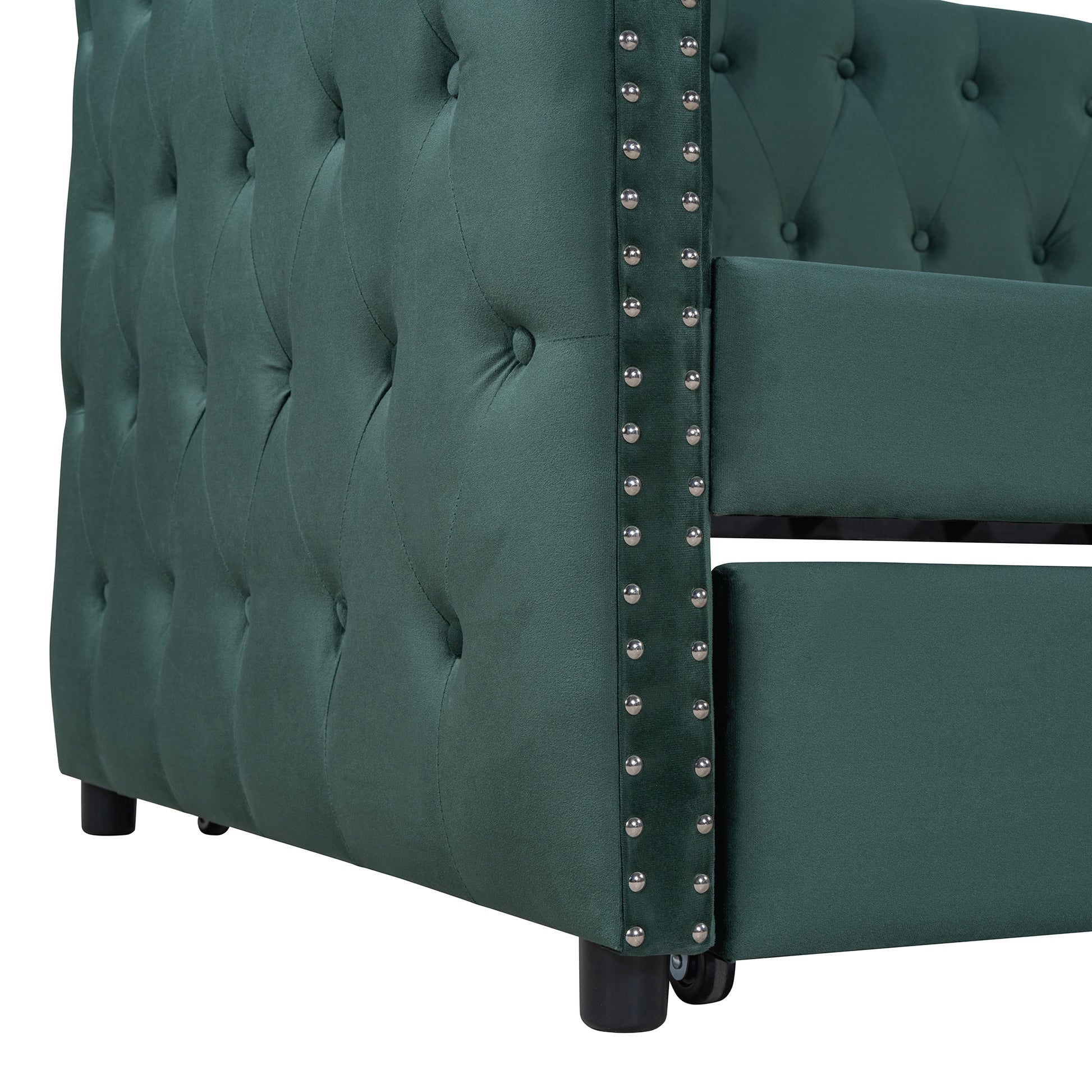 Twin Size Tufted Upholstered Daybed With Trundle, Velvet Sofabed With Rivet Design, No Box Spring Needed,Green Twin Green Velvet