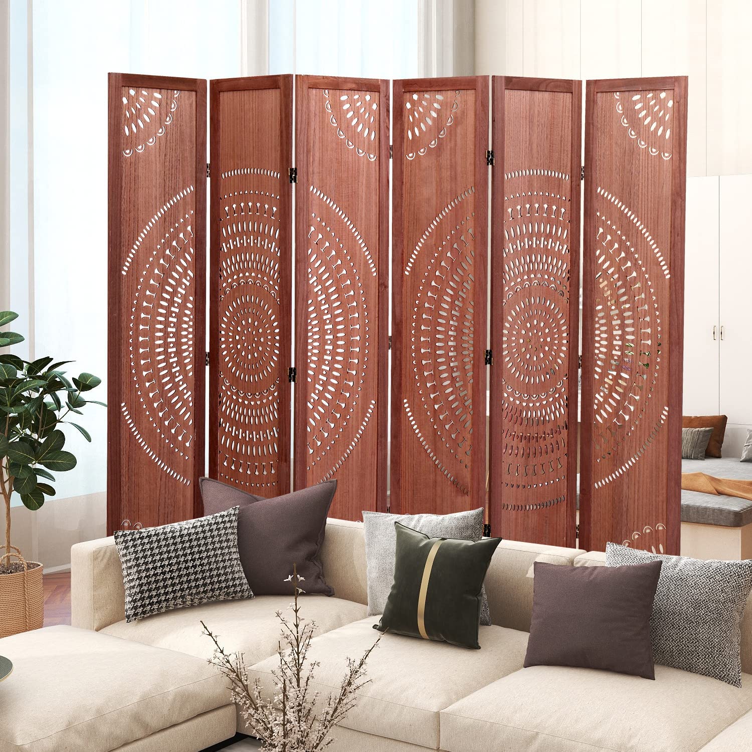 82.8'' W X 65'' H 6 Panel Solid Wood Folding Room Divider, Brown Brown Solid Wood