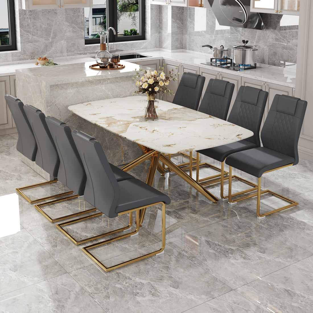 Table And Chair Set.Modern Luxurious Tempered Glass Dining Table Set With 8 Gold Metal Legs And Pu Chairs.White Marble Patterned Sticker Tabletop,Dark Gray Chairs With Gold Metal Legs. Gold,Gray