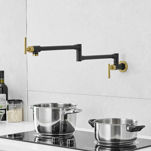 Brass Made Pot Filler, Black & Gold Pot Filler Faucet, Wall Mount Folding Kitchen Sink Pot Filler Faucets, Retractable Single Hole Pot Filler With Two Handles For Sink Stove Black Gold Kitchen Classic,Contemporary Brass Brass