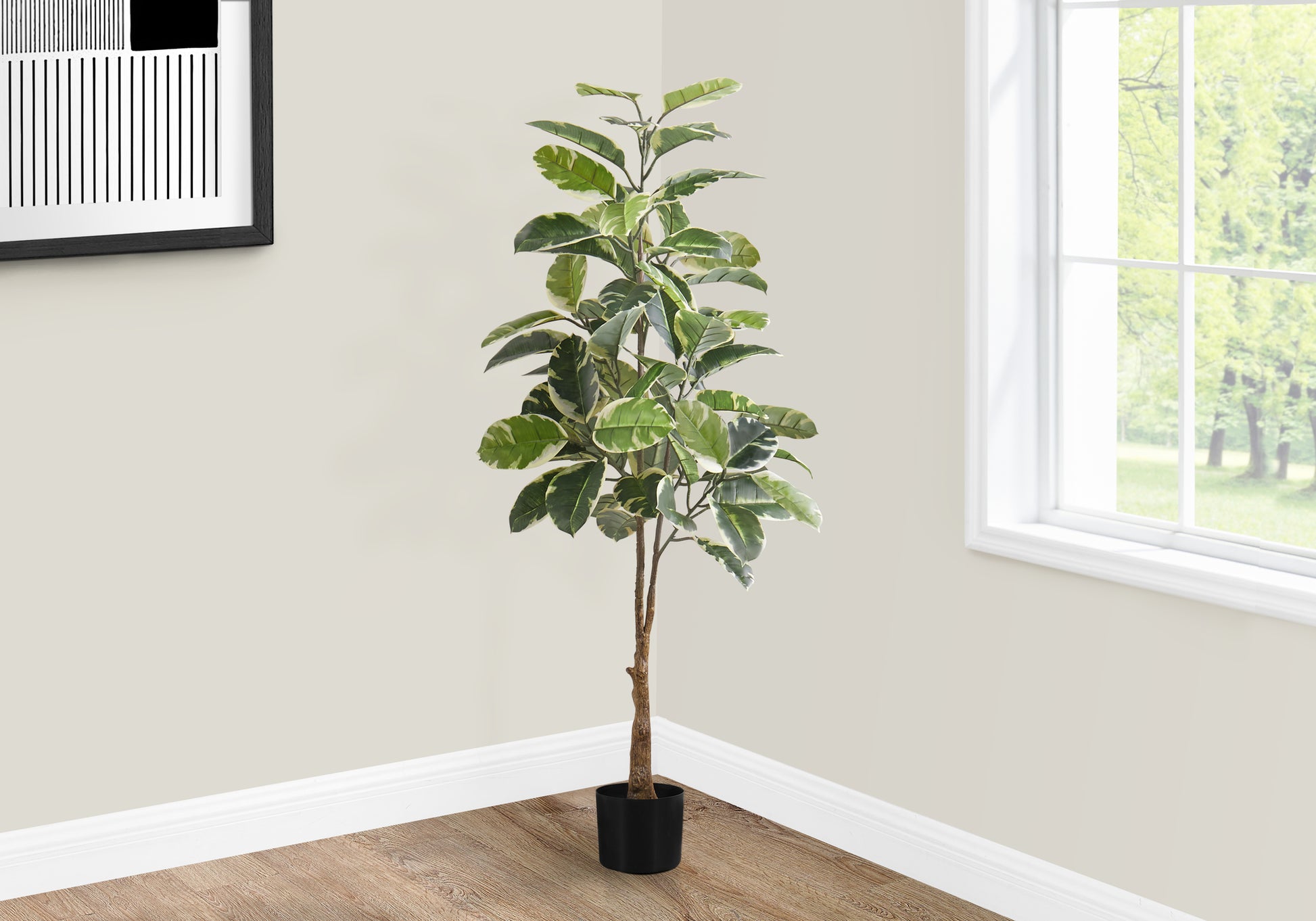 Artificial Plant, 52" Tall, Rubber Tree, Indoor, Faux, Fake, Floor, Greenery, Potted, Real Touch, Decorative, Green Leaves, Black Pot Green Foam Plastic