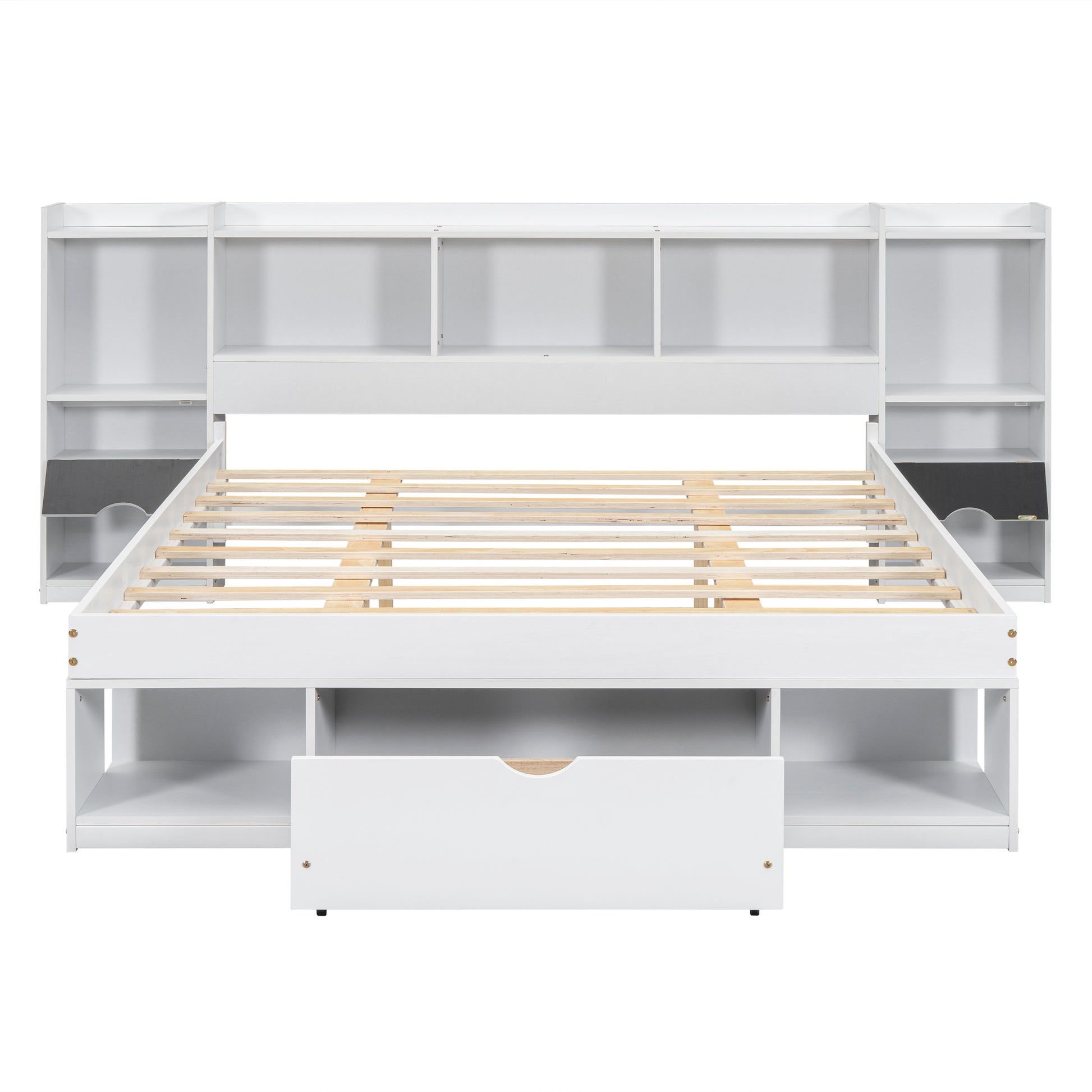 Queen Size Wood Platform Bed With Multi Storage Headboard And A Drawer, White Box Spring Not Required Queen White Wood Bedroom Bed Frame Solid Wood Mdf