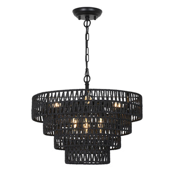 Boho 6 Light Rattan Chandelier Black Rattan Metal