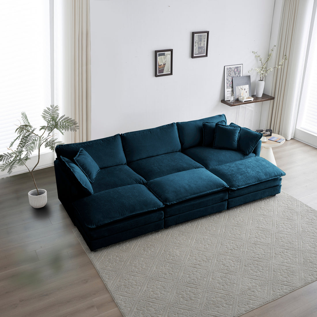 Comfortable Deep Seat Reversible Modular 6 Seater Sectional Super Soft Sofa U Shaped Sectional Couch With 3 Ottomans, 3 Toss Pillows And 2 Arm Pillowsblue Chenille Blue Chenille 3 Seat