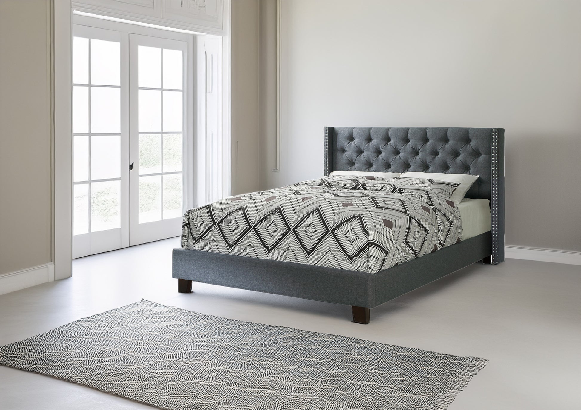 Queen Bed In Blue Gray Queen Gray Fabric