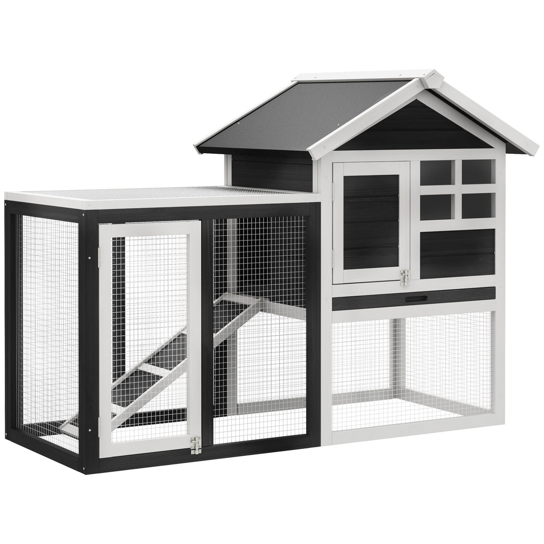 Pawhut 48" Wooden Rabbit Hutch Bunny Cage With Waterproof Asphalt Roof, Fun Outdoor Run, Removable Tray And Ramp, Grey Grey White Wood