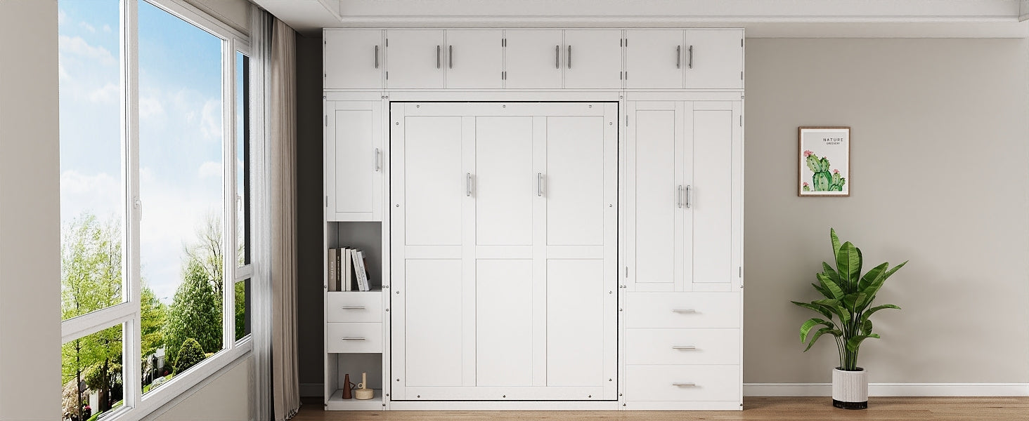 Full Size Murphy Bed With Lockers And Wardrobes, With Installation Video, White Box Spring Not Required Full White Murphy Solid Wood Mdf