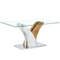 Table And Chair Set.Modern Dining Table, Tempered Glass Countertop With Artistic Mdf Legs.Paried With 6 Comfortable Chairs With Pu Seats And Metal Legs. Suitable For Various Decoration Styles. Black Brown,Transparent Seats 6 Mdf Metal