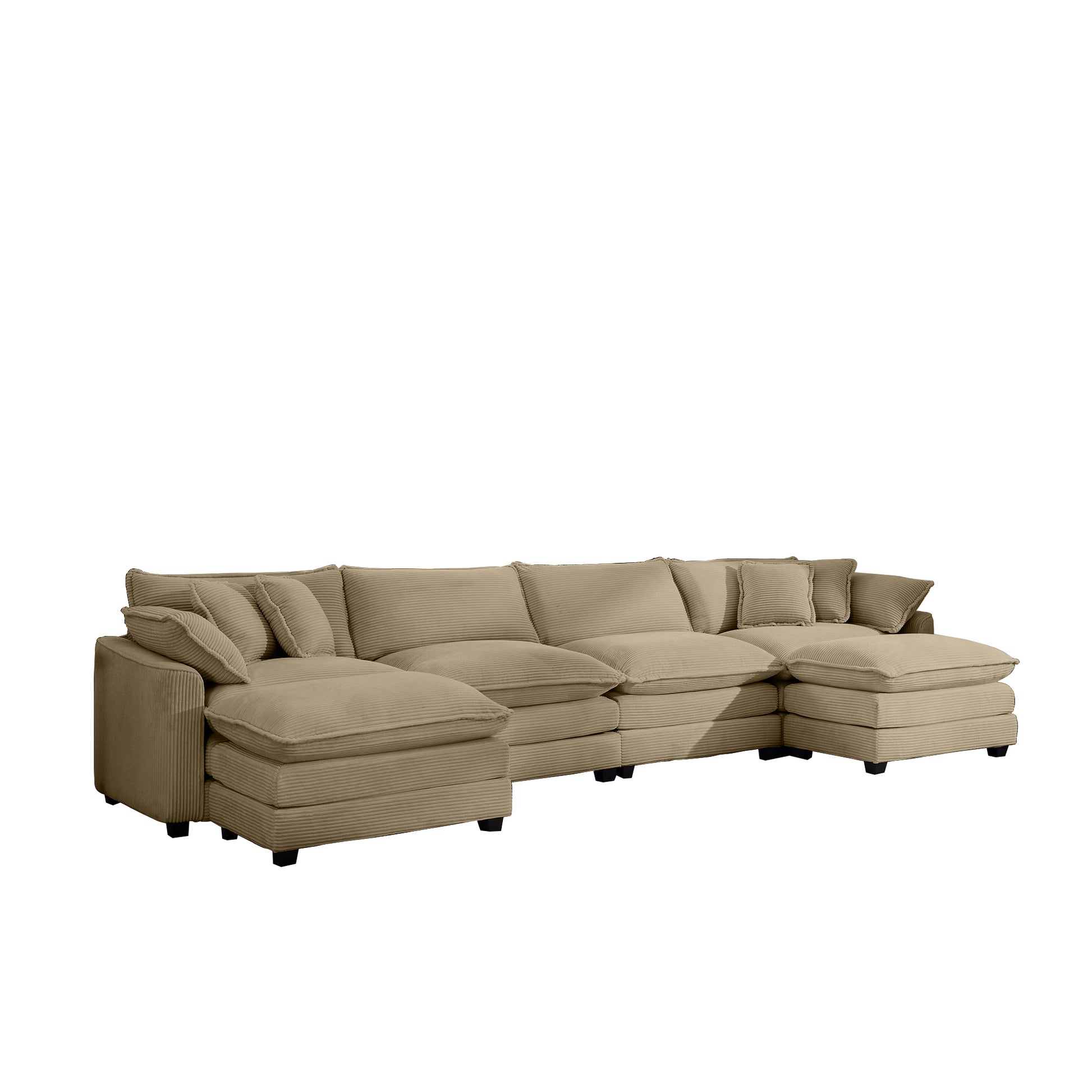 Corduroy Sofamodern Upholstered 4 Seater With 3 Footstools Corduroy Fabric Sofaoffice Living Room Apartment Comfortable Sofa, Easy To Assemble With 2 Arm Pillows And 4 Throw Pillows Tan Corduroy 4 Seat