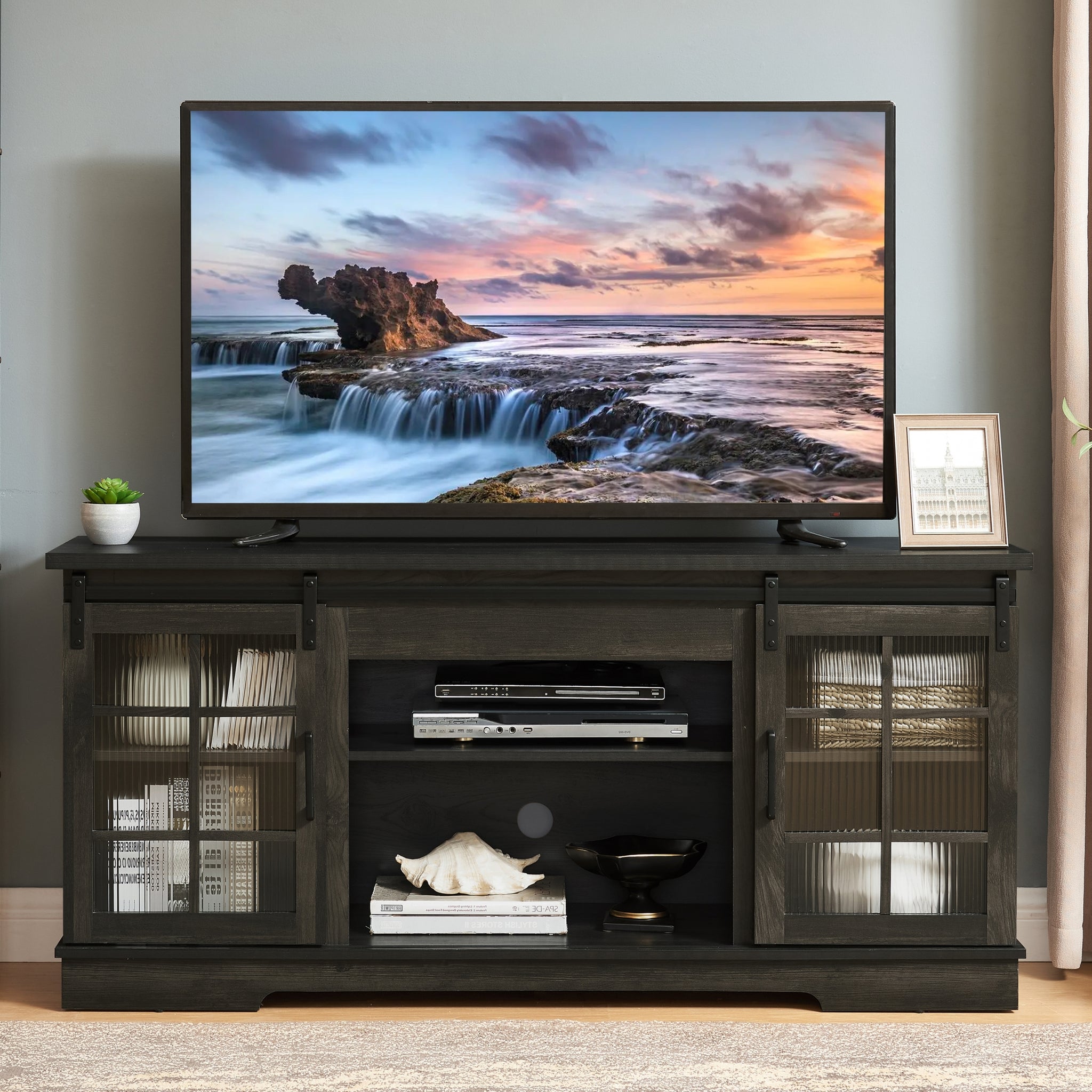 Multipurpose Sliding Door Tv Stand Large Storage Cabinet With 2 Sliding Fluted Glass Tempered Doors, Tv Up To 65'', Tv Desk Storage Rack, Charcoal Grey, 59.13"W*15.94"D*27.8"H Charcoal Grey 60 69 Inches Mdf