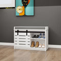 Modern Shoe Storage Bench, 2 Tier Entryway Bench With Sliding Barn Door & 2 Adjustable Shelves & Full Soft Removable Seat Cushion For Entryway, Hallway, Bedroom White White Mdf