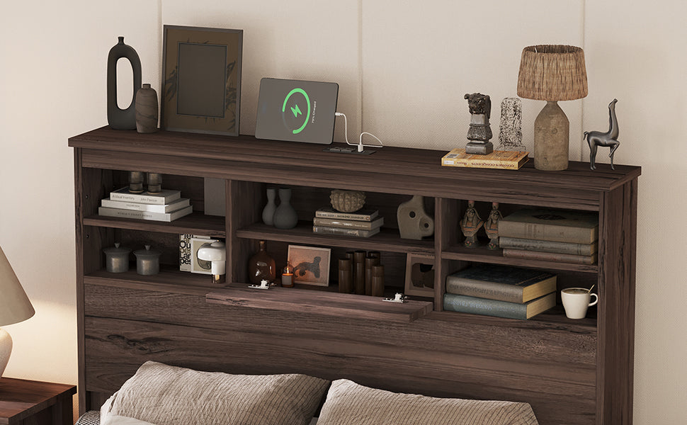 Queen Size Wooden Platform Bed With Storage Headboard,American Country Style Bed With Usb Charging Ports,Dark Walnut Queen Walnut American Traditional Mdf