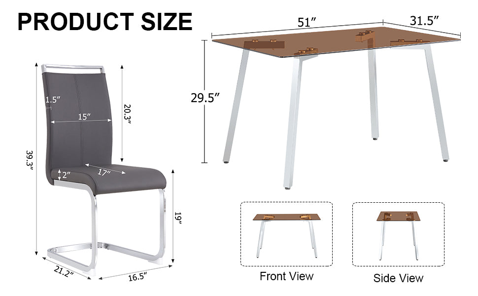 1 Table And 4 Chairs, Brown Tempered Glass Tabletop And Silver Metal Legs, Modern Minimalist Style Rectangular Glass Dining Table, Paired With 4 Modern Silver Metal Leg Chairs. 1123C 1162 Brown Seats 4 Glass