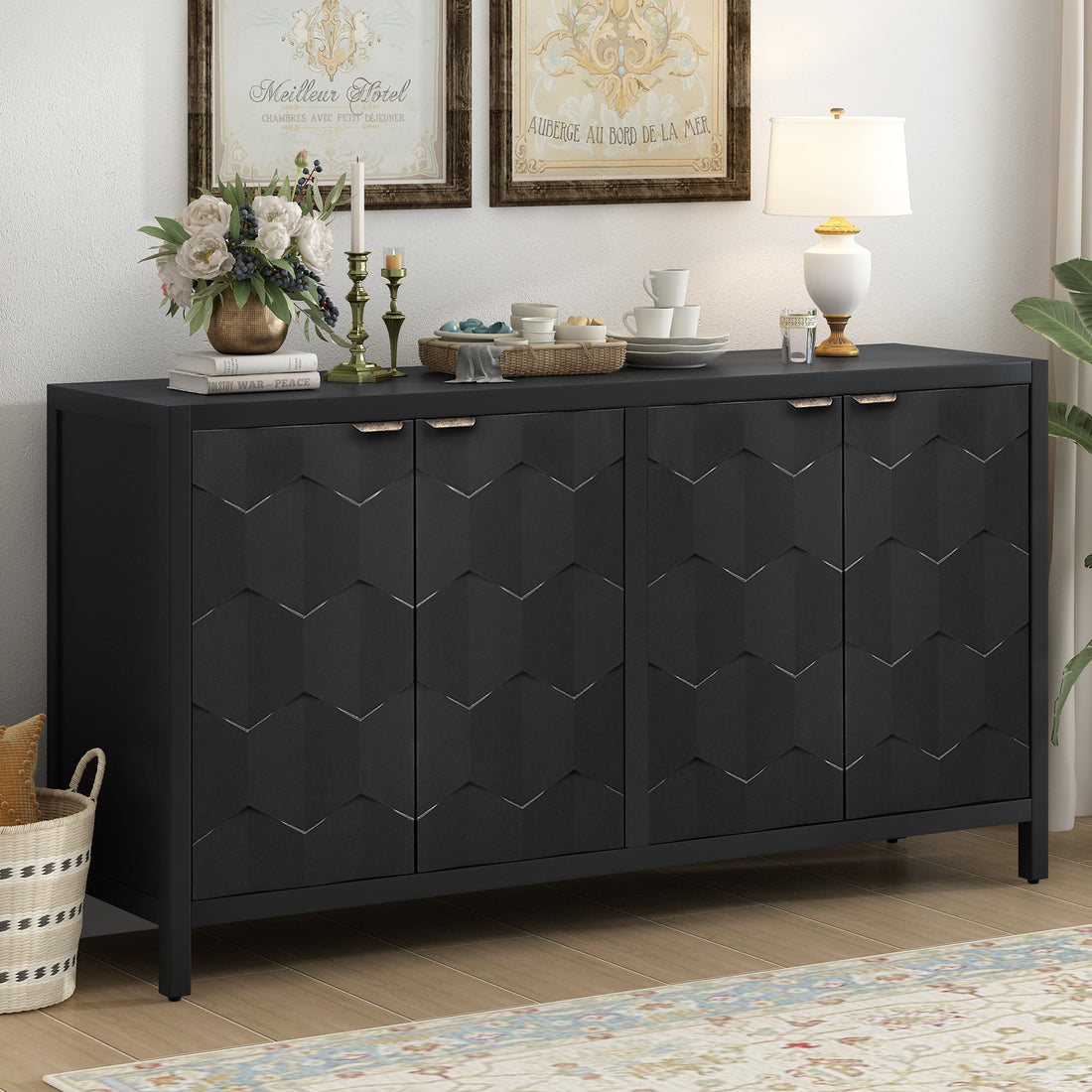 Luxurious Four Door Sideboard With Honeycomb Patterned Doors, Offering Large Storage For Study,Entrance And Living Room Black Primary Living Space American Design Mdf