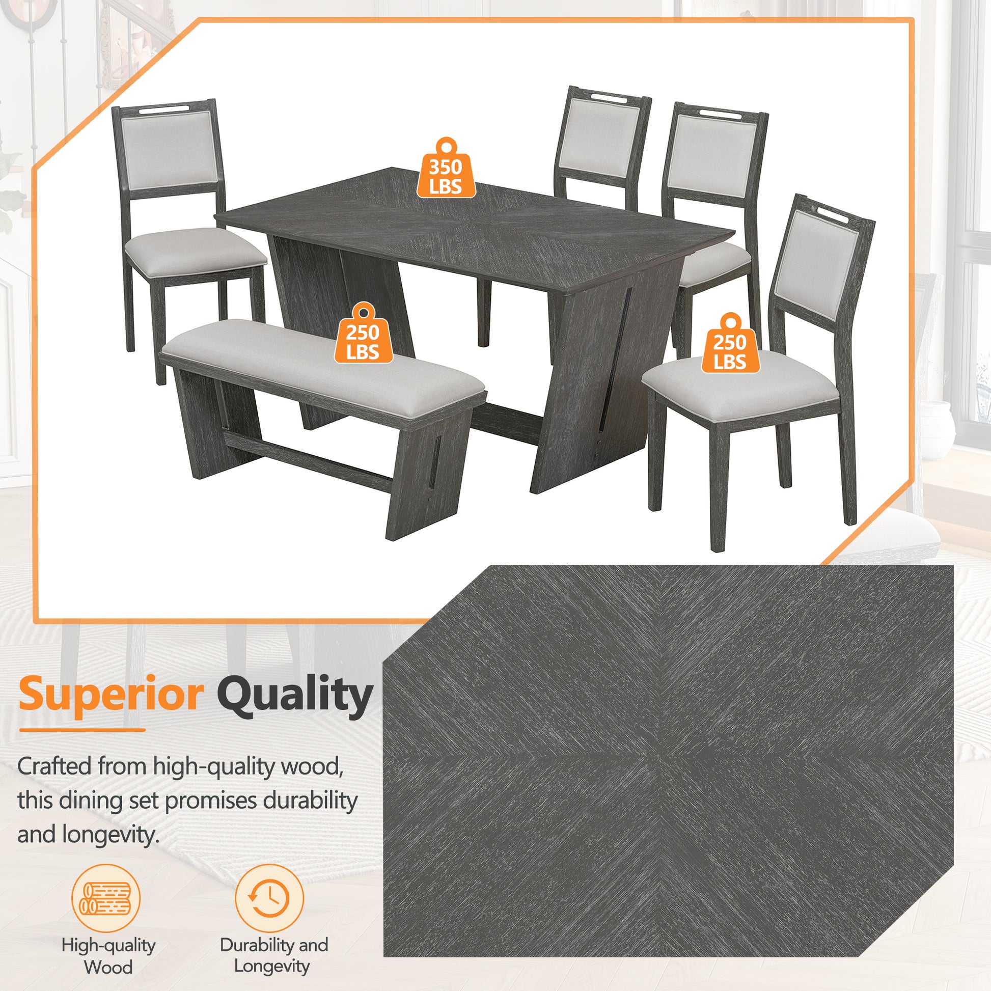 6 Piece Retro Dining Set, 1 Rectangular Table With Stable Trapezoidal Table Base And 4 Upholstered Chairs And 1 Bench For Dining Room And Kitchen Gray Gray Solid Wood Mdf