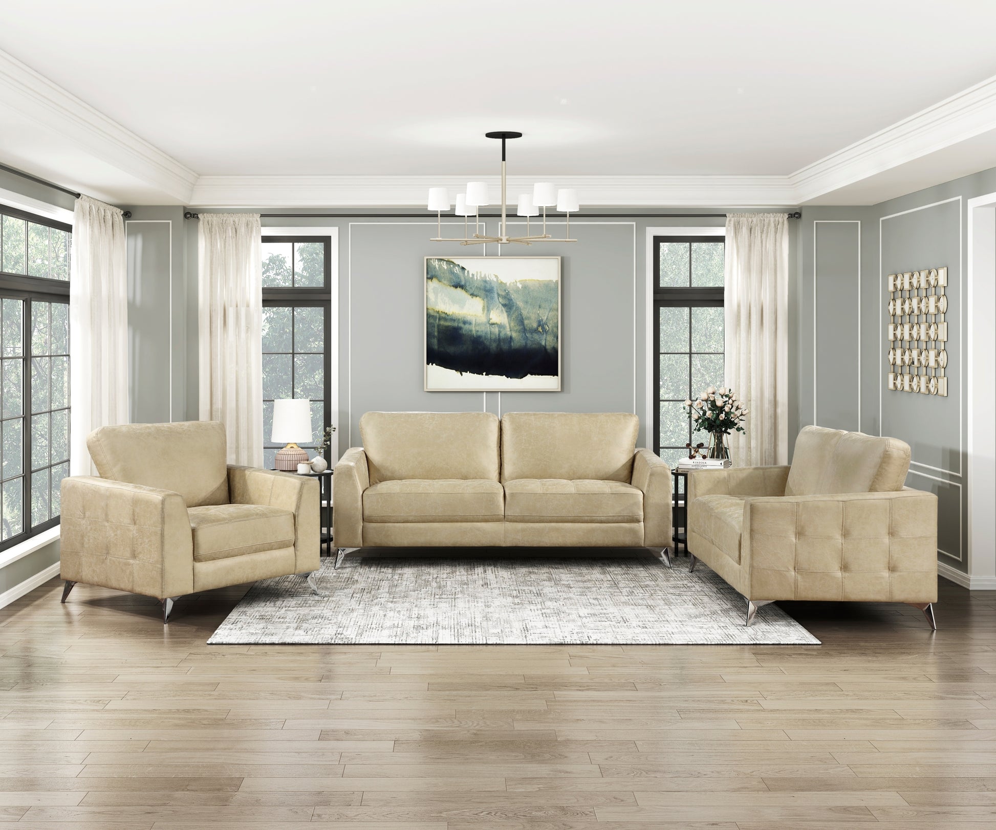 Sand Hued Polished Microfiber Upholstery Elegant Modern Style Chair 1Pc Solid Wood Living Room Furniture Silver Finish Metal Legs Sand Primary Living Space Modern Solid Wood