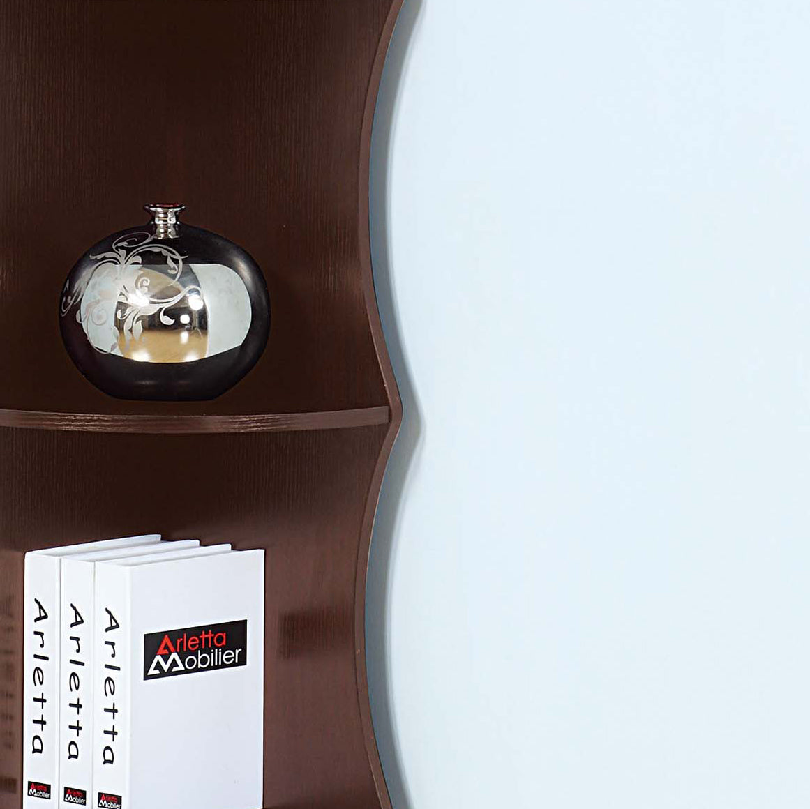 Five Shelf Corner Bookcase Rounded Shelf Fronts Quarter Circle Red Cocoa Color Espresso Particle Board Mdf