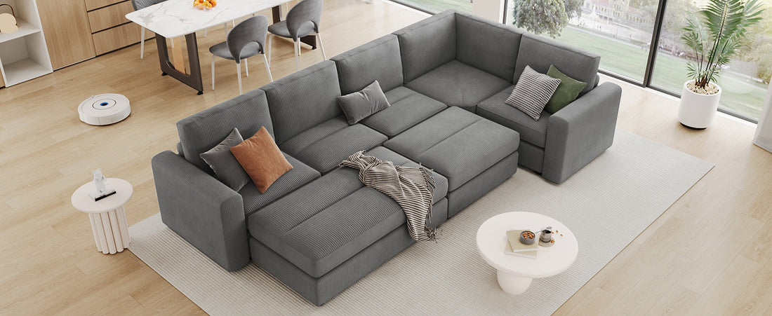 121.3" Sectional Couch Sofa Bed Modular Sofa With Two Movable Ottomans For Living Room Old Sku:N719S001640E , Gray Gray Foam Corduroy 7 Seat