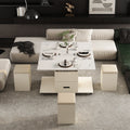 Modern Lift Up Coffee Table With 4 Stools Set For Living Room Expandable 1 Hidden Storage 2 Drawers Space Saving Folding Dining Table White Mdf