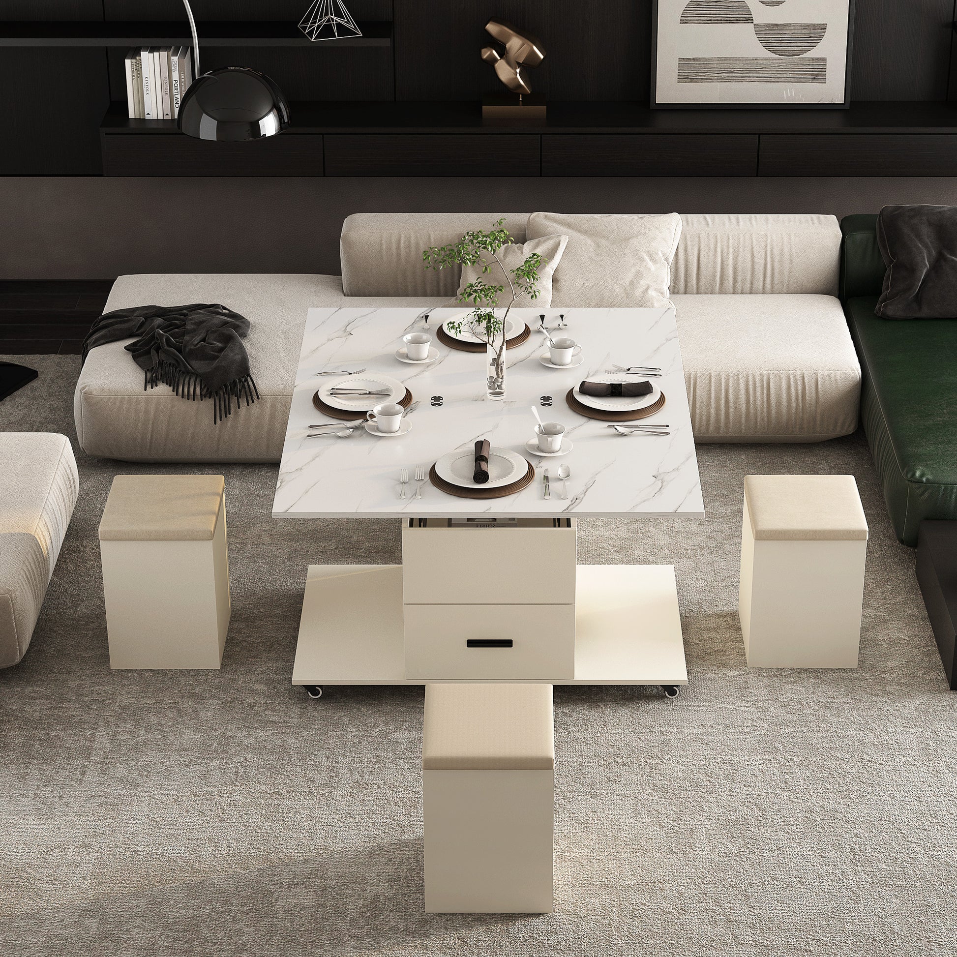 Modern Lift Up Coffee Table With 4 Stools Set For Living Room Expandable 1 Hidden Storage 2 Drawers Space Saving Folding Dining Table White Mdf