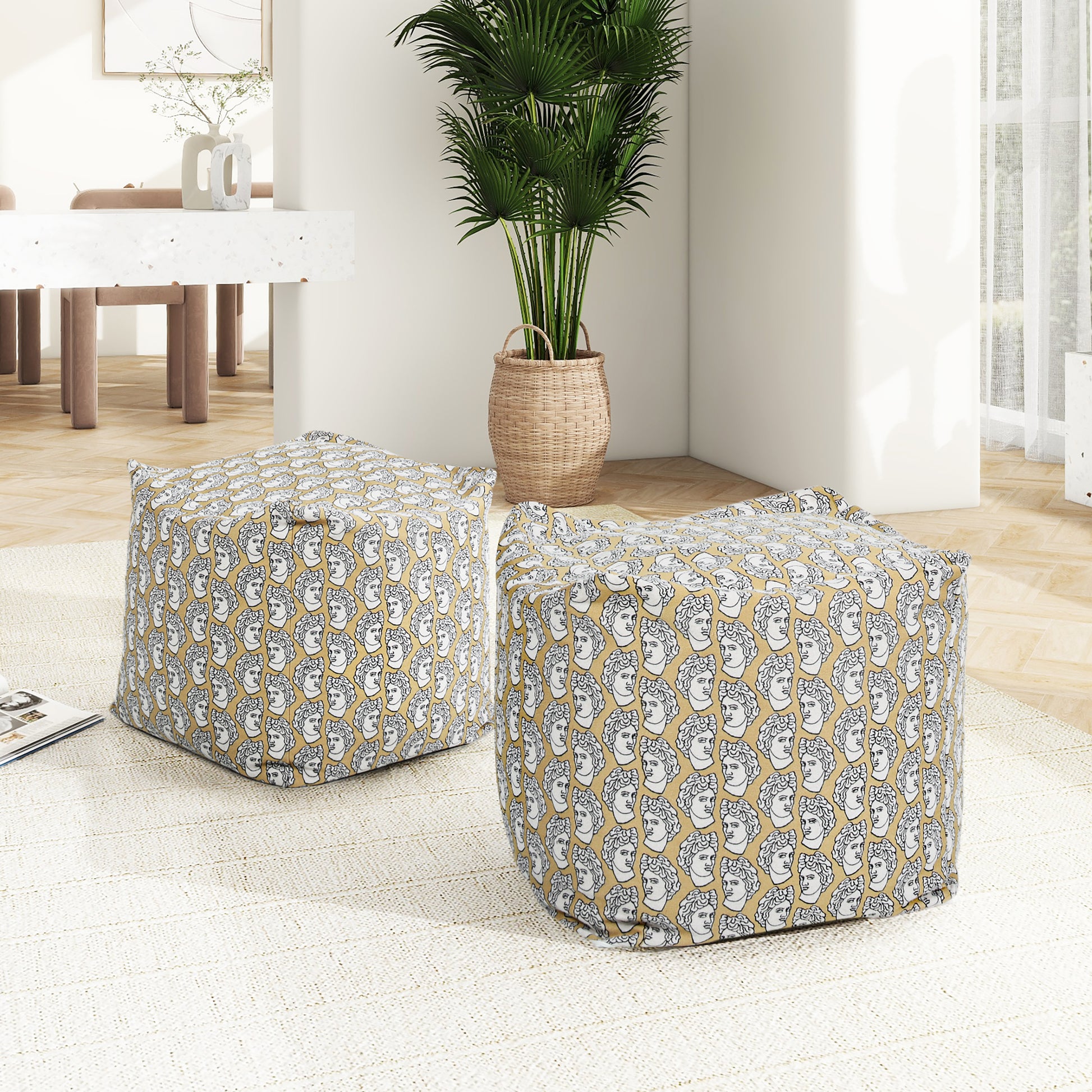 Pouf 20" Luxury Oversized Bean Bag Cube Ottoman, Apollo Bust Gold & Cream Embroidery Gold White Polypropylene Fabric