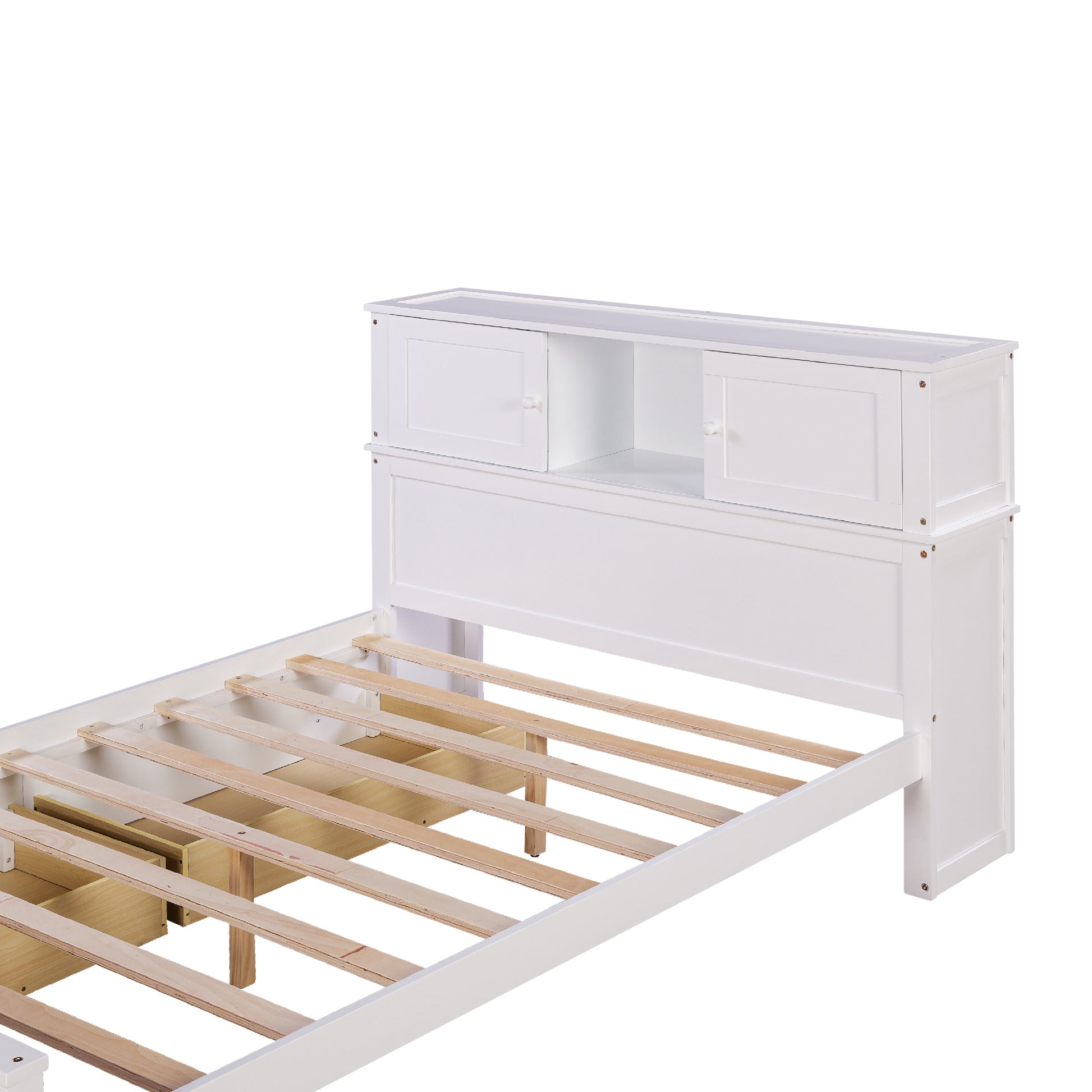 Full Size Platform Bed With Storage Headboard And Sliding Door,2 Drawers, White Full White Solid Wood Mdf