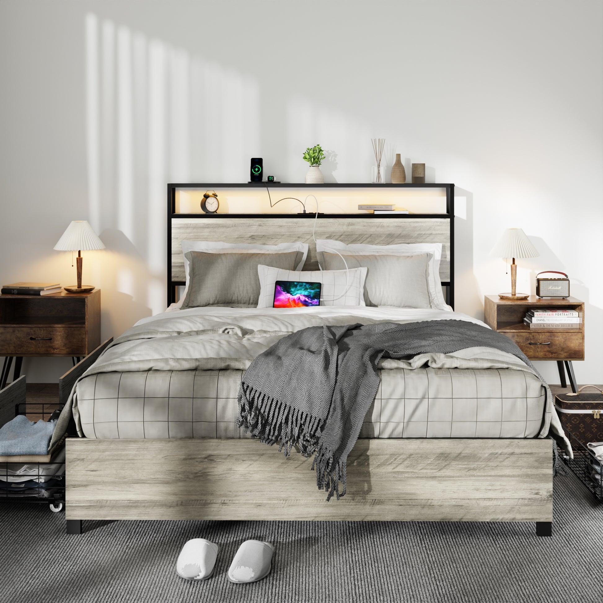 Queen Size Bed Frame With 4 Storage Drawers And 2 Usb Ports, Upholstered Platform Bed Frame With Storage Headboard Charging Station And Metal Slat Support, No Box Spring Needed, Dark Grey. Box Spring Not Required Queen Dark Grey Metal Bedroom Bed Frame