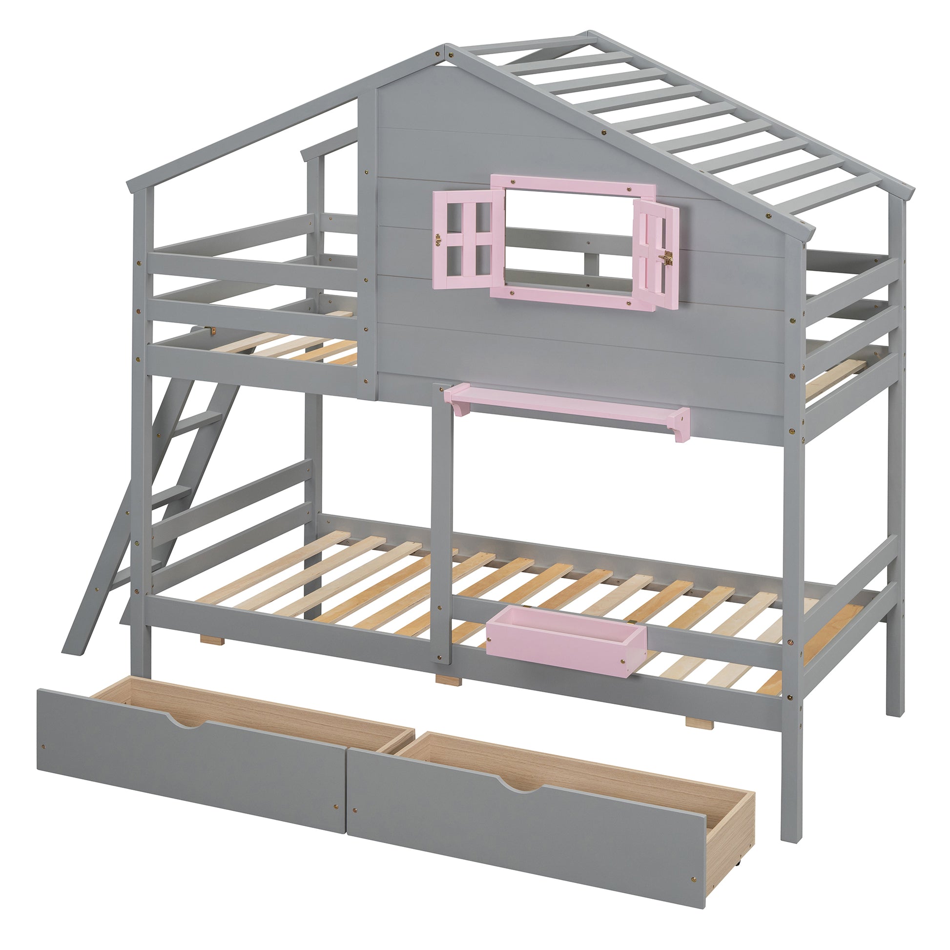 Twin Over Twin Bunk Bed With 2 Drawers, 1 Storage Box, 1 Shelf, Window And Roof Gray Old Sku:Lt001608Aae Twin Gray Solid Wood