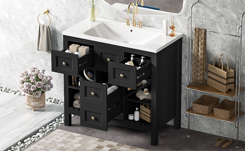 36'' Bathroom Vanity With Resin Sink Combo, Solid Wood Frame Bathroom Storage Cabinet, Freestanding Vanity Set With 5 Drawers& Soft Closing Doors Same As N710S136001B Black Bathroom Solid Wood Mdf Resin