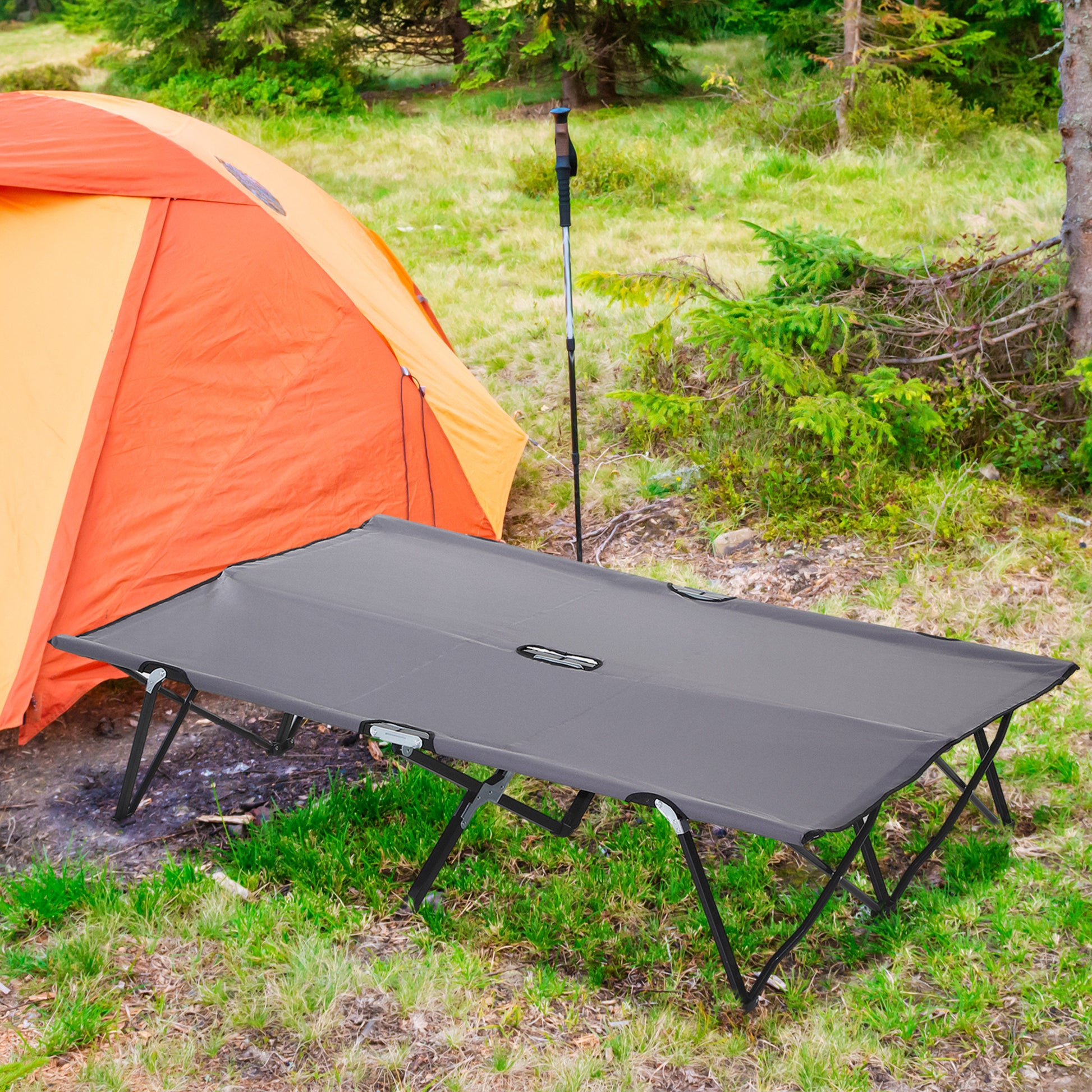 Outsunny 2 Person Folding Camping Cot For Adults, 50" Extra Wide Outdoor Portable Sleeping Cot With Carry Bag, Elevated Camping Bed, Beach Hiking, Grey Grey Steel