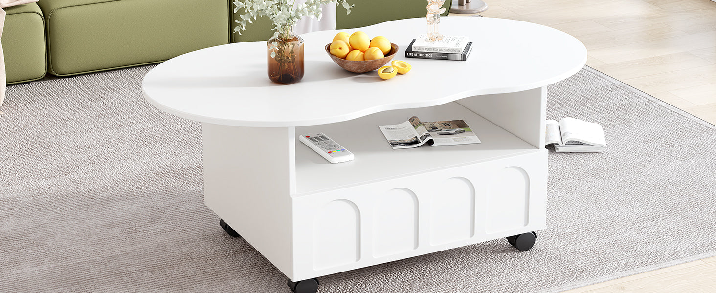 Flexible Cream Style Coffee Table With 2 Brake Wheels, Cloud Top Side Table With Drawer, Irregular Center Table With Large Storage For Living Room, White, 39.37''X 23.6'' White Particle Board