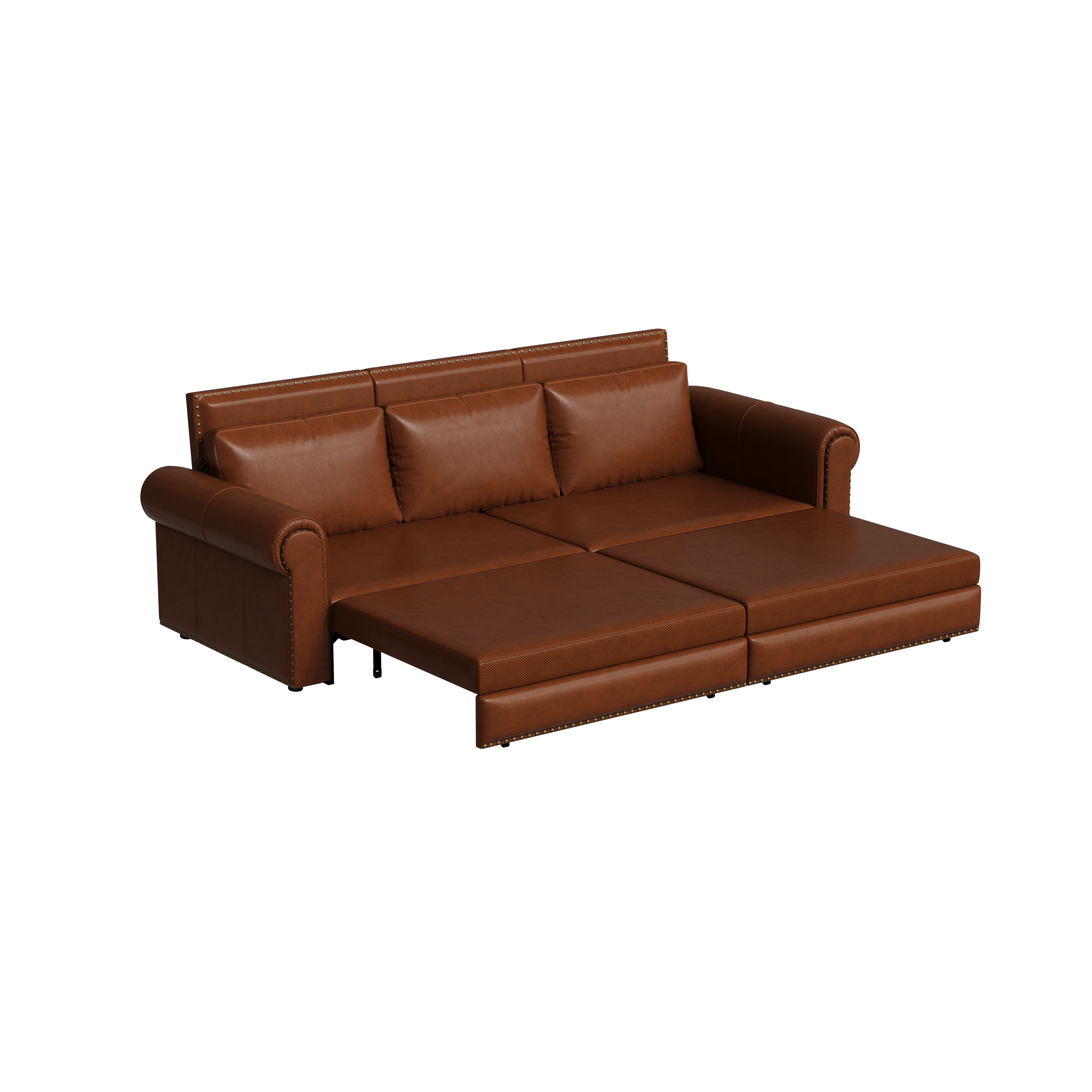 Chesterfield Sofa,93.7" King Pull Out Sofa Bed, 3 In 1 Faux Leather Convertible Sleeper Sofa With Trim & Rolled Arm,Multi Functional Sofa Bed For Living Room,Bedroom,Apartment,Office Light Brown