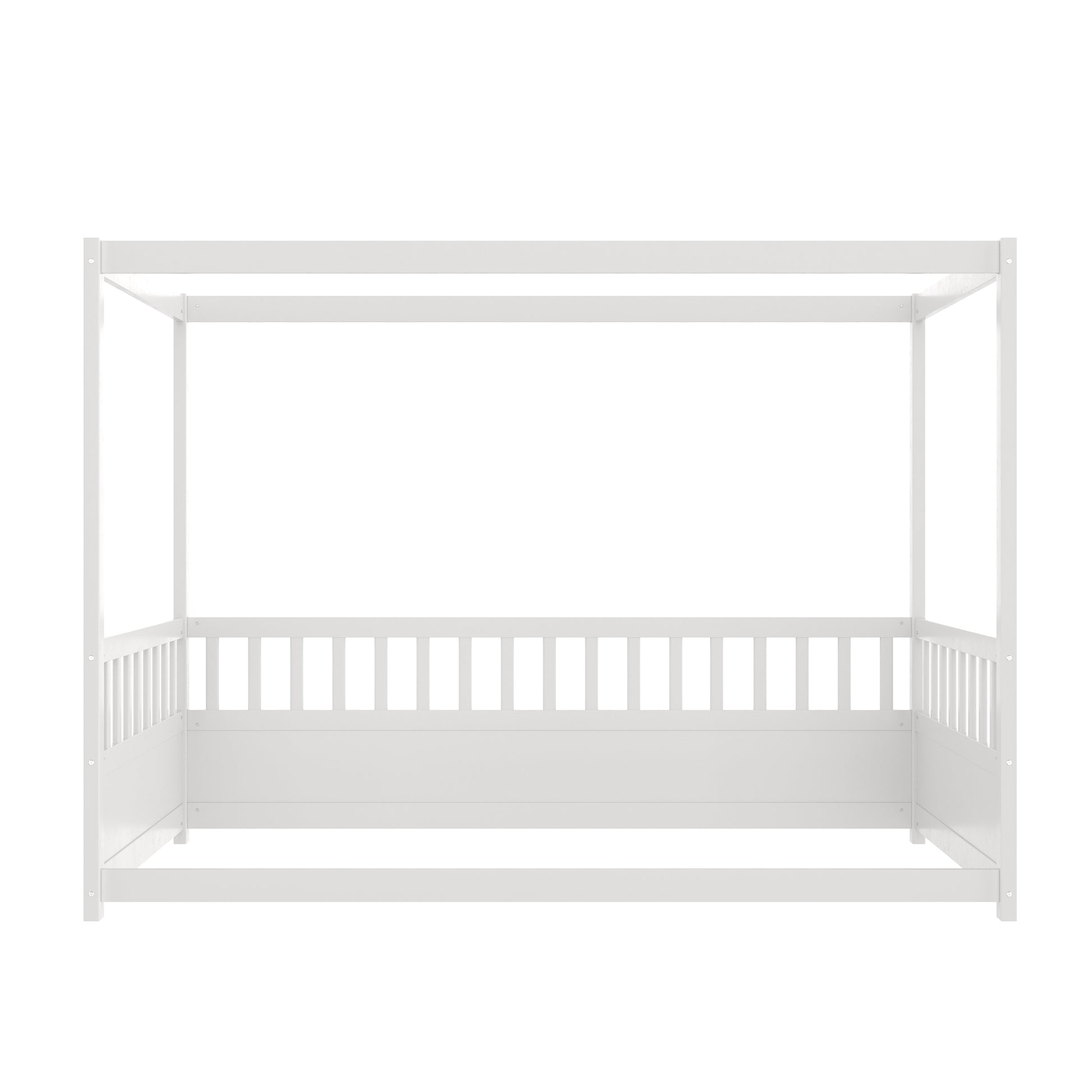 Twin Size Canopy Bed Frame With Guardrails For Kids,Floor Bed Twin With Four Poster Design,Kids Montessori Floor Bed,Wood Canopy Bed Frame For Girls,Boys Twin,White Box Spring Required Twin White