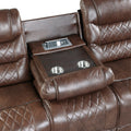Luxurious Living Room Furniture Brown Diamond Pattern Stitching 1Pc Power Double Reclining Sofa With Center Drop Down Cup Holders, Usb Ports,Faux Leather Upholstery Brown Faux Leather Wood Primary Living Space Luxury,Modern Solid Wood 3 Seat