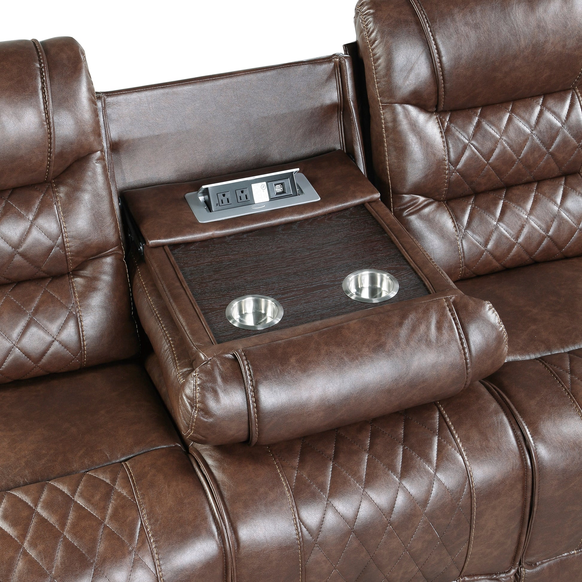 Luxurious Living Room Furniture Brown Diamond Pattern Stitching 1Pc Power Double Reclining Sofa With Center Drop Down Cup Holders, Usb Ports,Faux Leather Upholstery Brown Faux Leather Wood Primary Living Space Luxury,Modern Solid Wood 3 Seat
