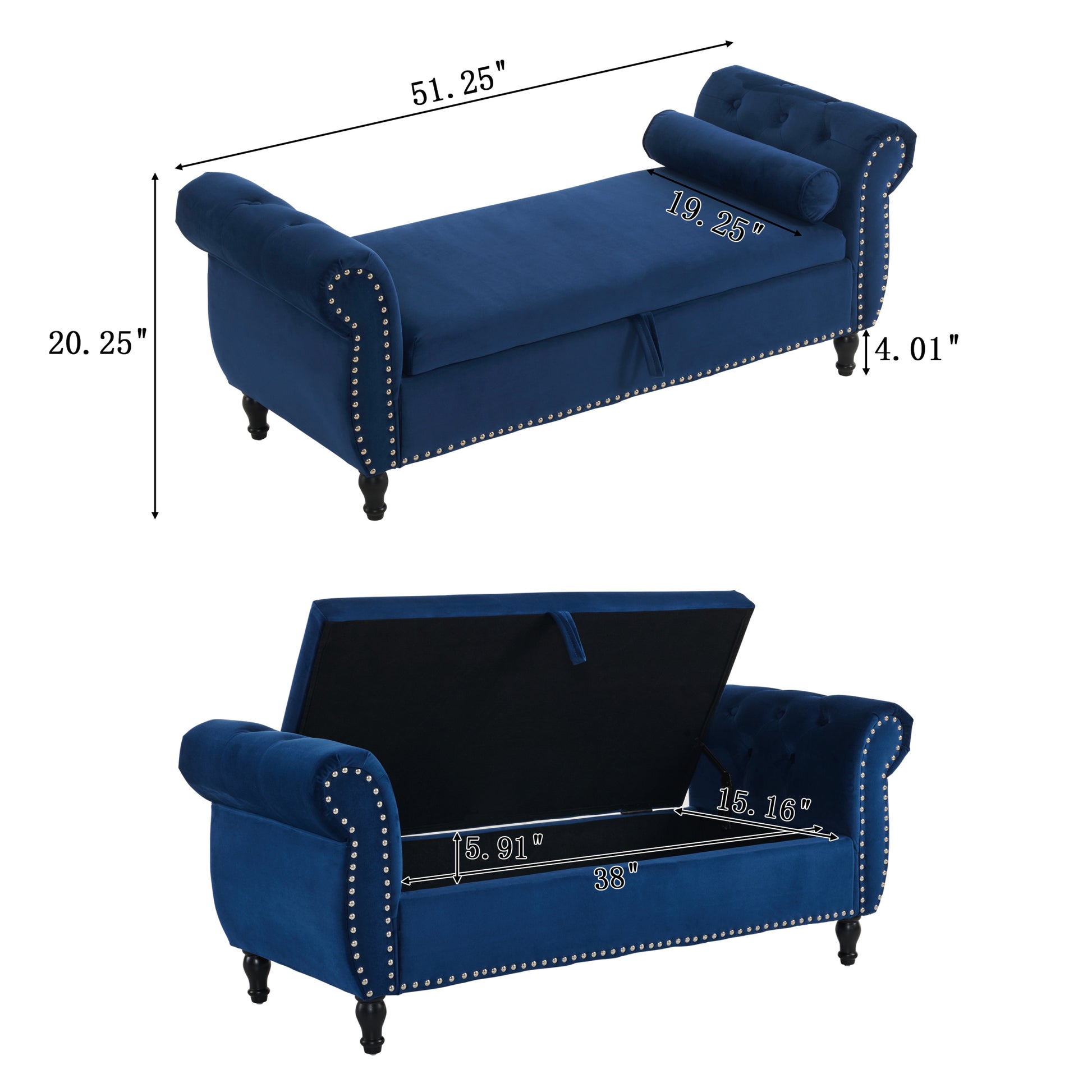 Velvet Multifunctional Storage Rectangular Ottoman Bench With 1 Pillow, Navy Blue Antique Navy Blue Polyester Wood Solid Beige Pine Flip Top Polyester With Storage Velvet
