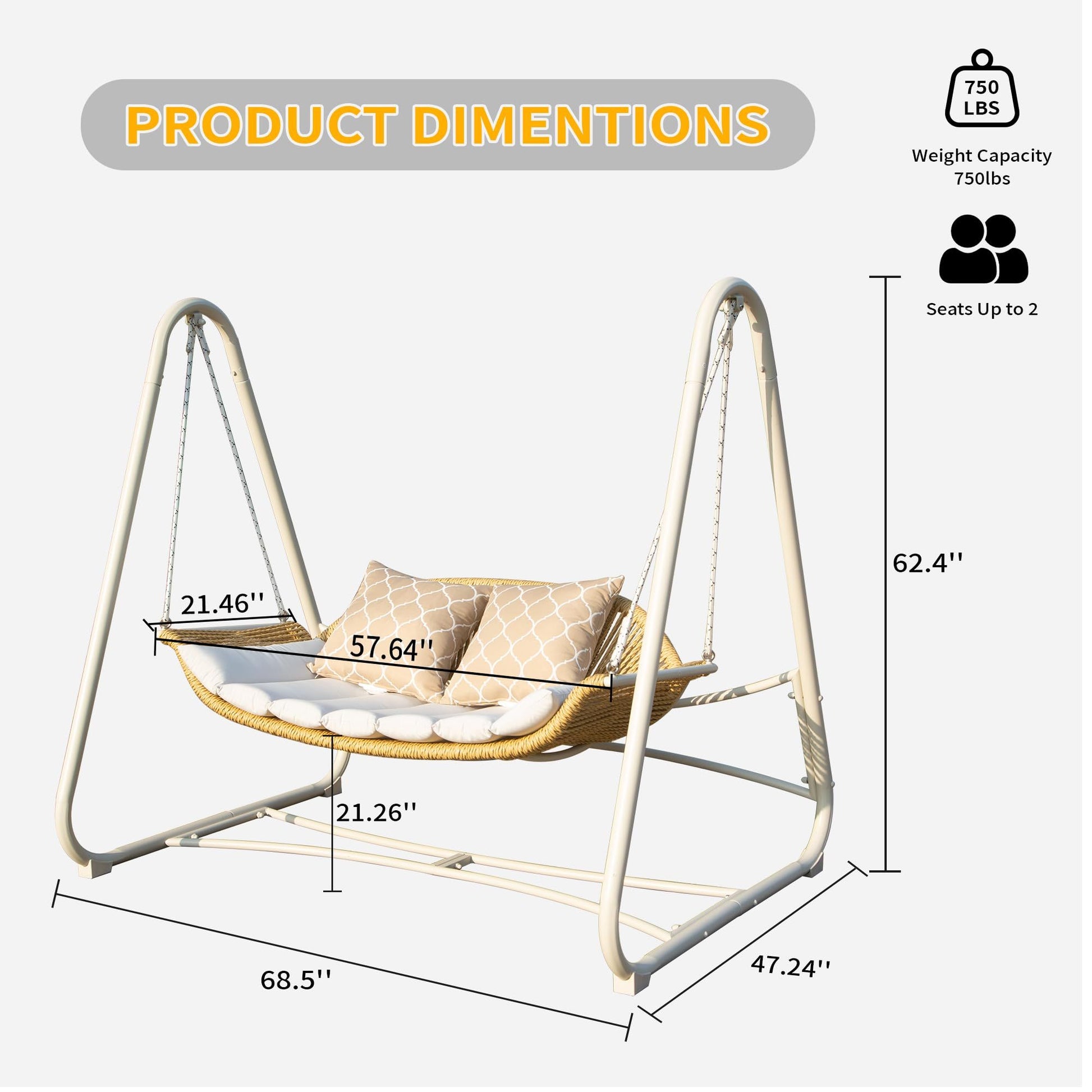Outdoor Patio Porch Swing, 2 Seat Hanging Swing Chair With Thickened Cushions And Pillow, Rattan Porch Swing Chair Outdoor Hammock Chair For Porch, Backyard, Garden Yes White Garden & Outdoor 2 Person Seating Group Steel