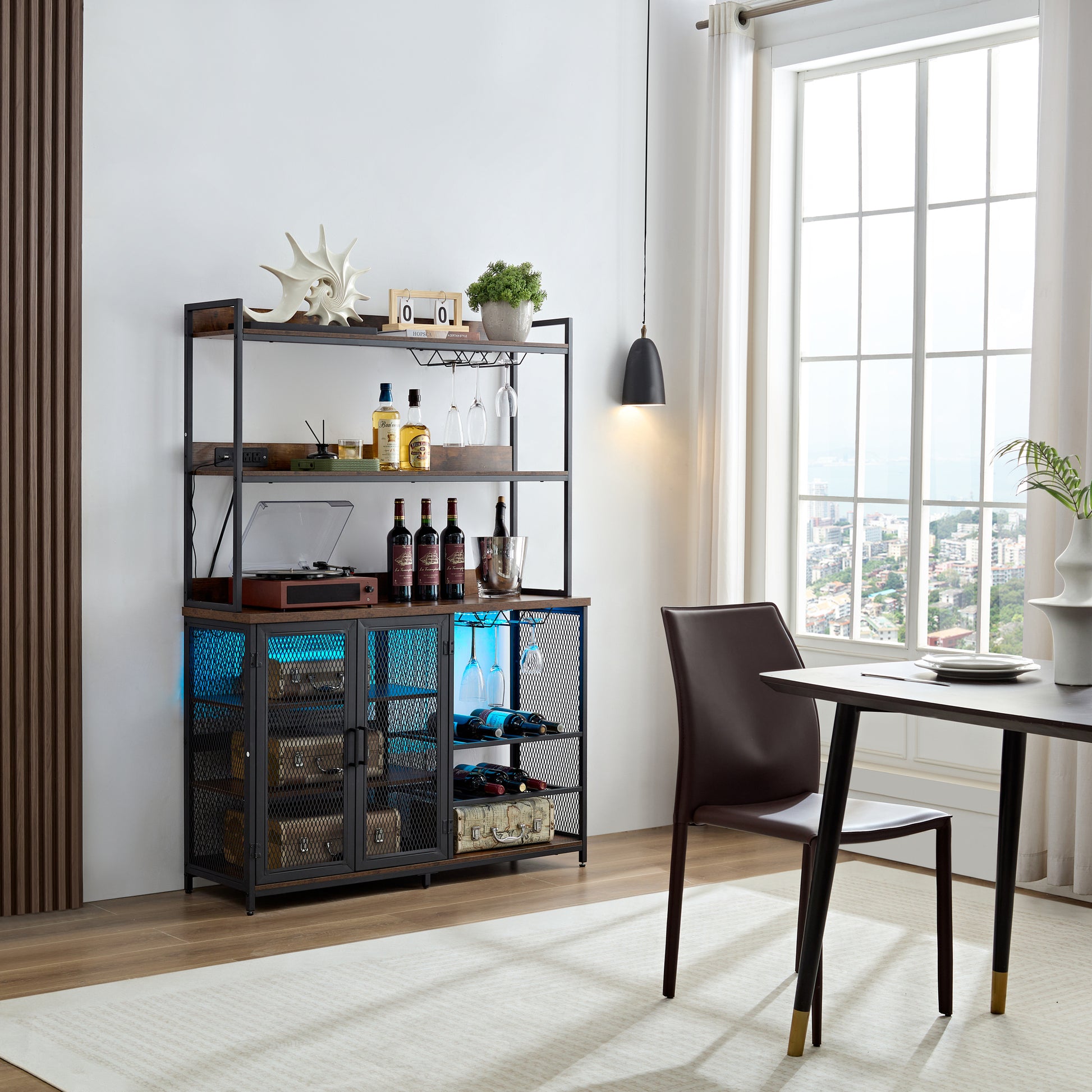 Coffee Bar Cabinet With Power Outlet, Industrial Buffet Cabinet With Led Strip And Glass Holder, 3 Tiers Liquor Cabinet Bar For Home, Dining Room, Kitchen, Vintage Brown Brown Brown American Design,American Traditional Alder Particle Board Particle Board