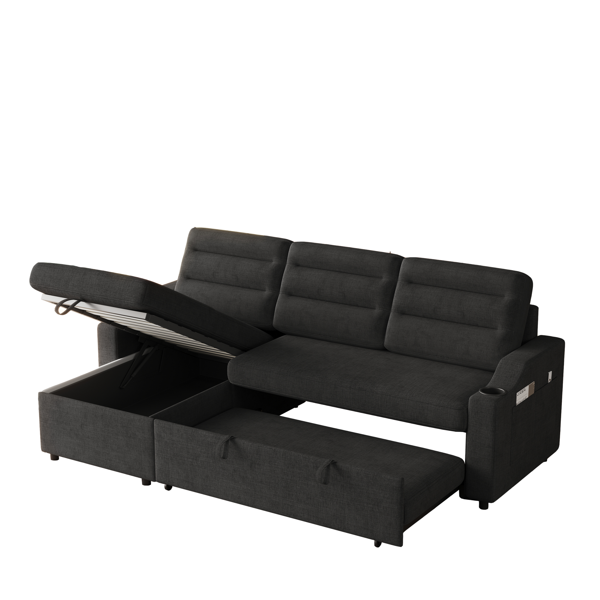 Mh83.5" Convertible Sleeper Combo Sofa, Convertible Sofa Bed Polyester Pullout Bed With Storage Recliner And Cup Holder For Living Room, Tight Spaces Black Polyester Wood Primary Living Space Pine Polyester Fabric 3 Seat