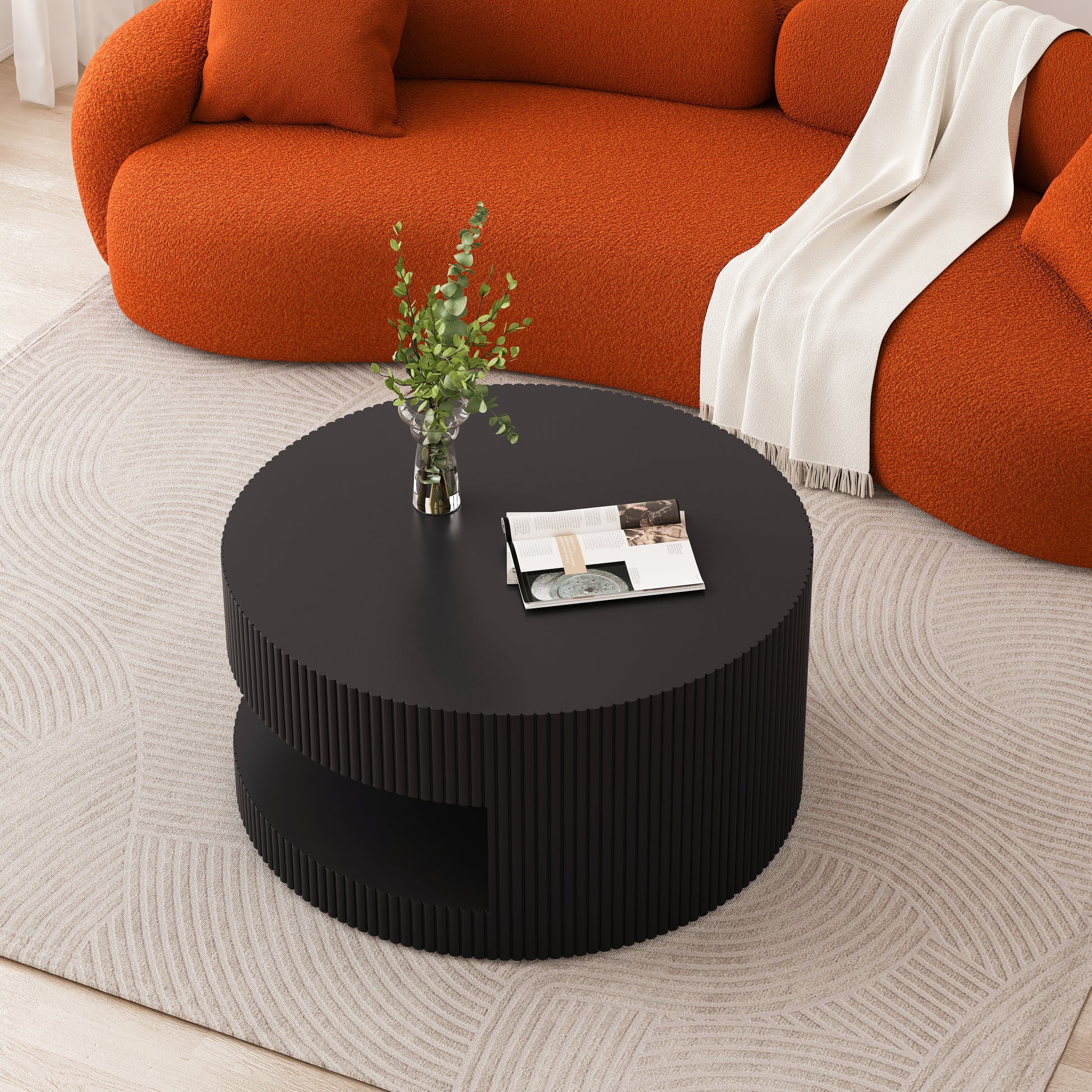 31.5'' Round Coffee Table,Modern Center Table With Storage,Vertical Stripe Design Coffee Table For Living Room,Bedroom Black Black Mdf